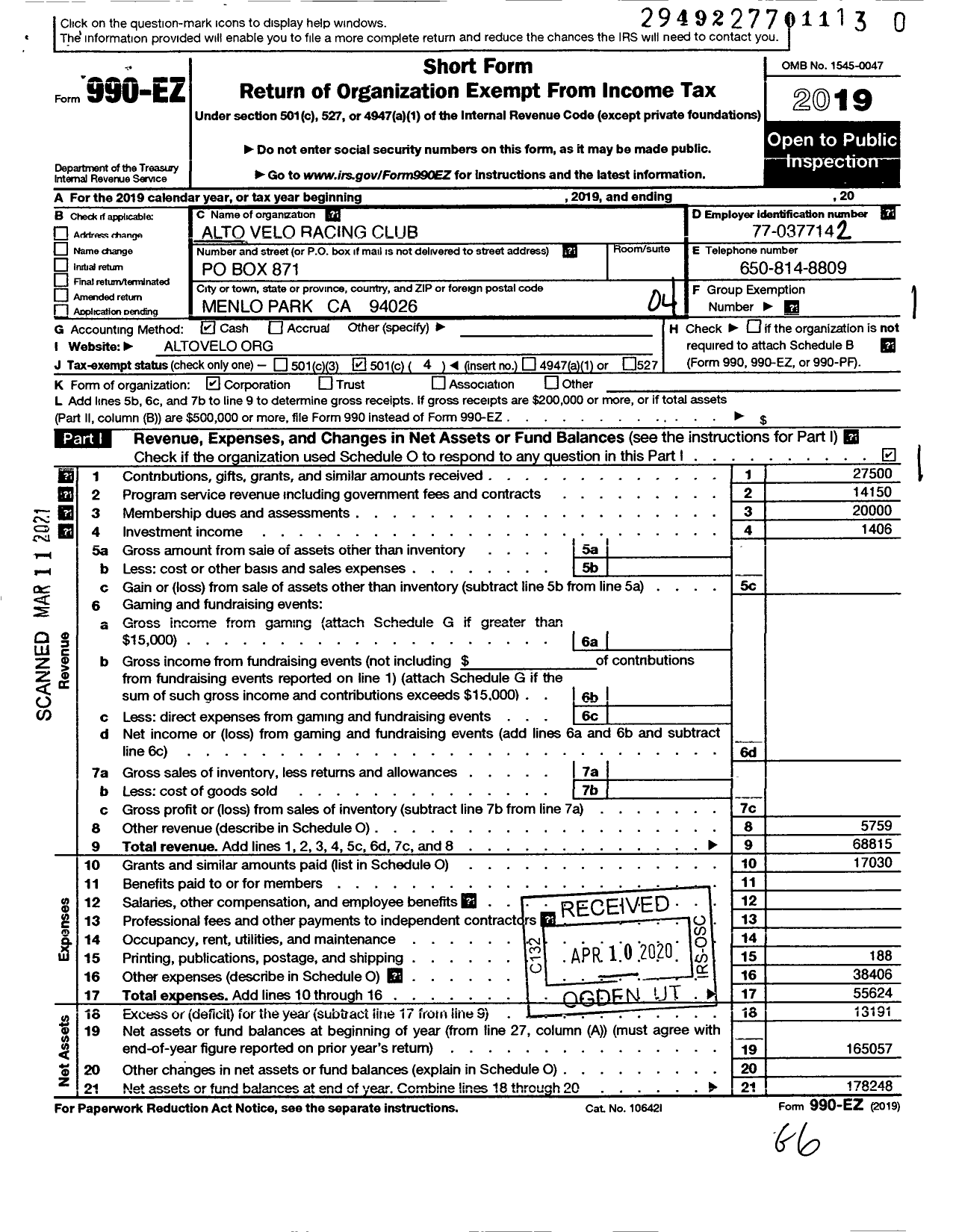 Image of first page of 2019 Form 990EO for Alto Velo Racing Club