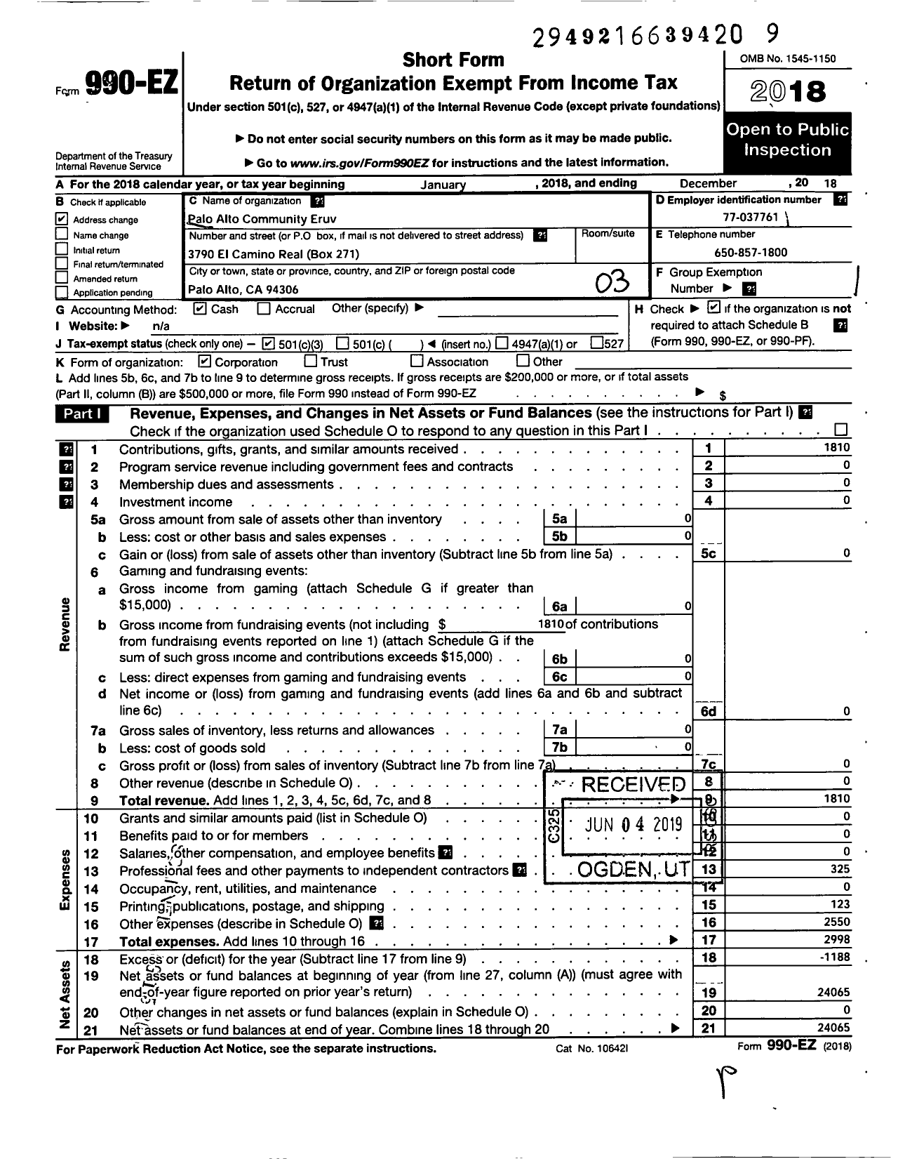 Image of first page of 2018 Form 990EZ for Palo Alto Community Eruv