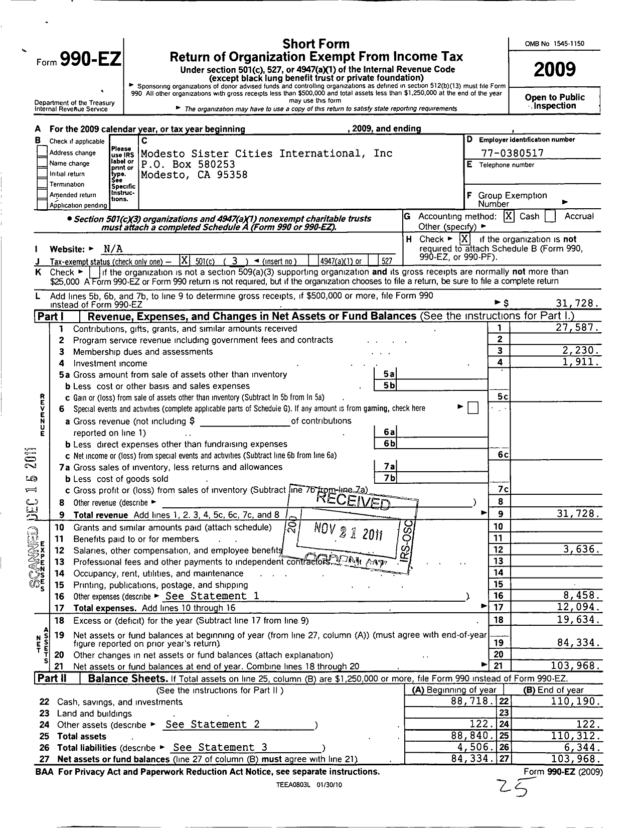 Image of first page of 2009 Form 990EZ for Modesto Sister Cities International