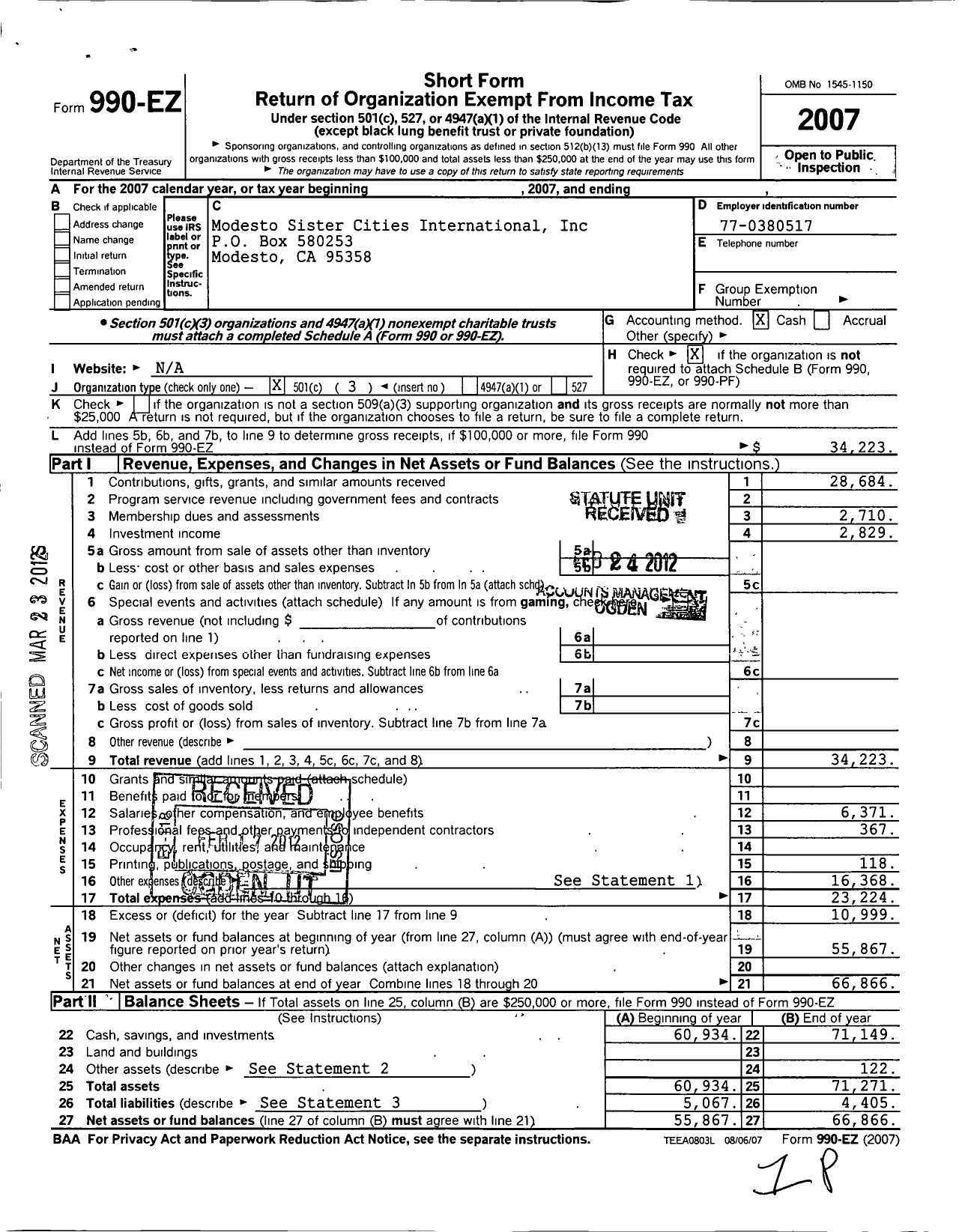 Image of first page of 2007 Form 990EZ for Modesto Sister Cities International