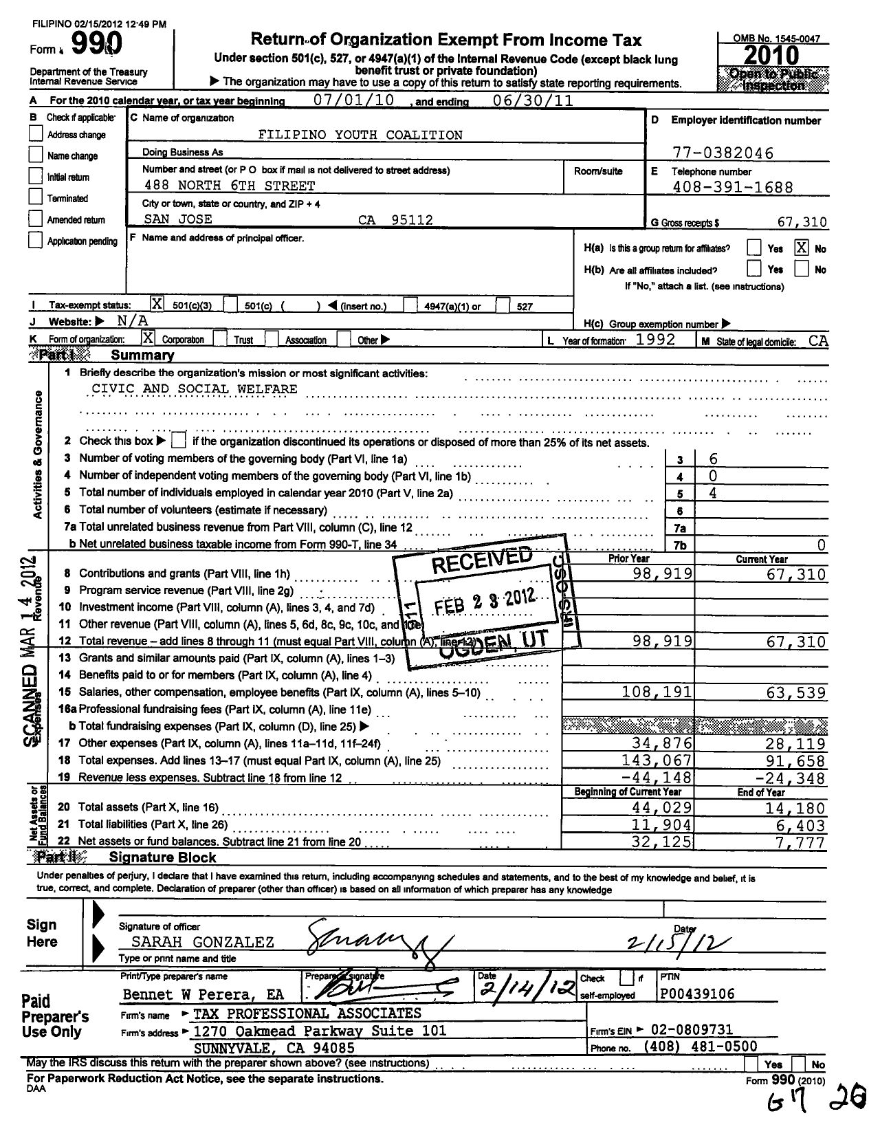 Image of first page of 2010 Form 990 for Filipino Youth Coalition