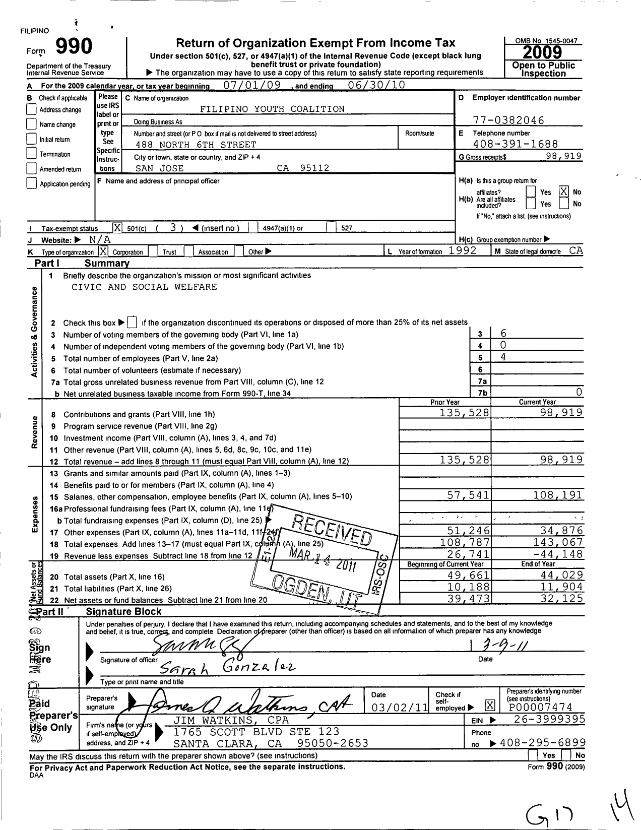 Image of first page of 2009 Form 990 for Filipino Youth Coalition