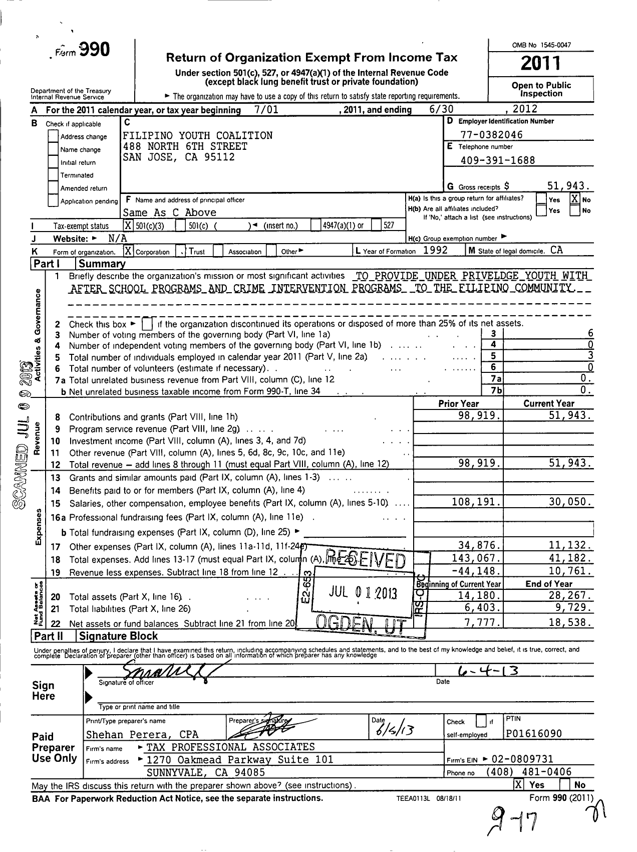 Image of first page of 2011 Form 990 for Filipino Youth Coalition