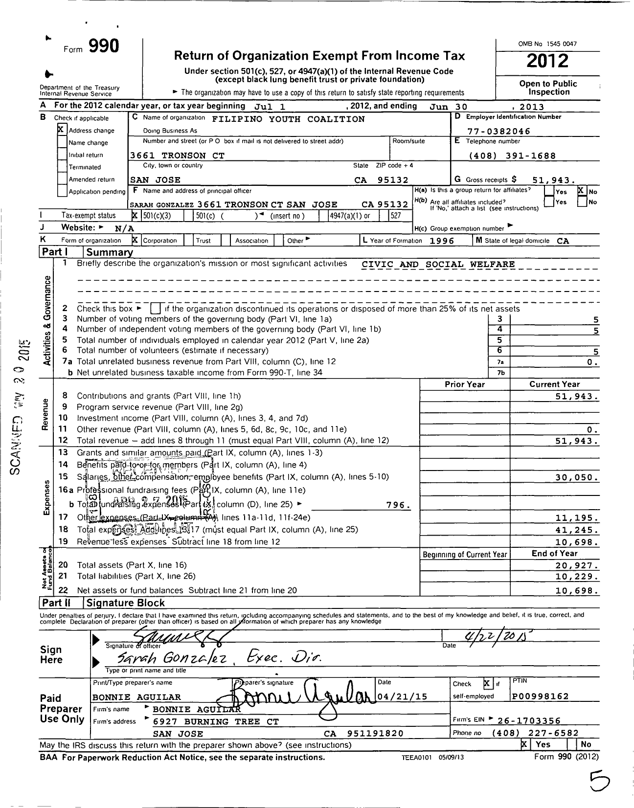 Image of first page of 2012 Form 990 for Filipino Youth Coalition