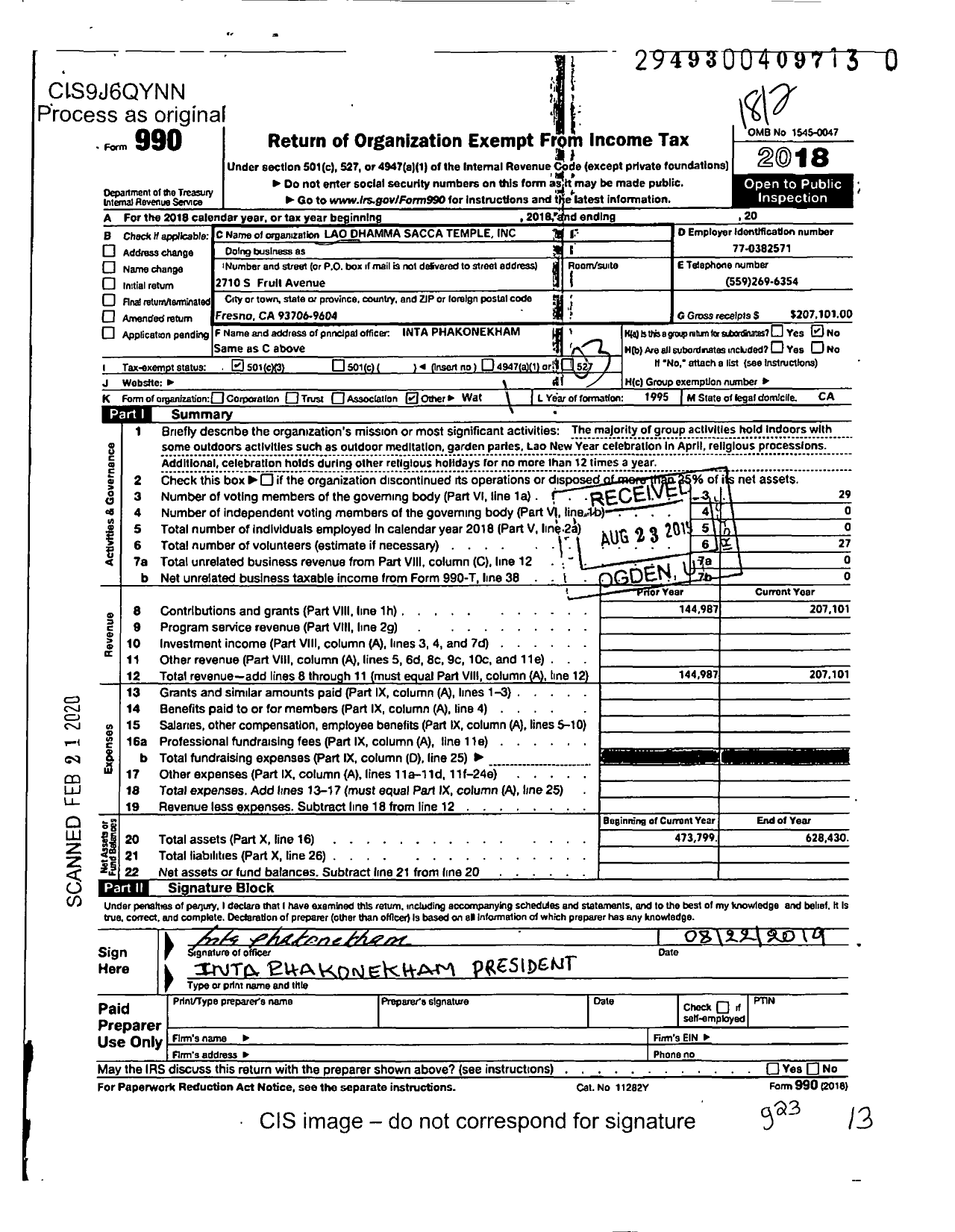 Image of first page of 2018 Form 990 for Lao Dhamma Sacca Temple