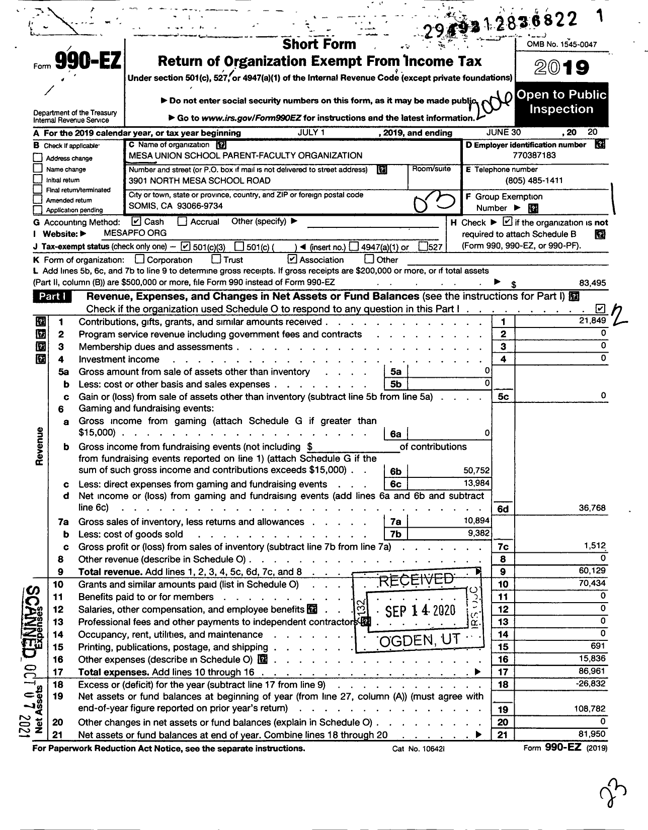 Image of first page of 2019 Form 990EZ for MESA UNION SCHOOL Parent-Faculty Organization