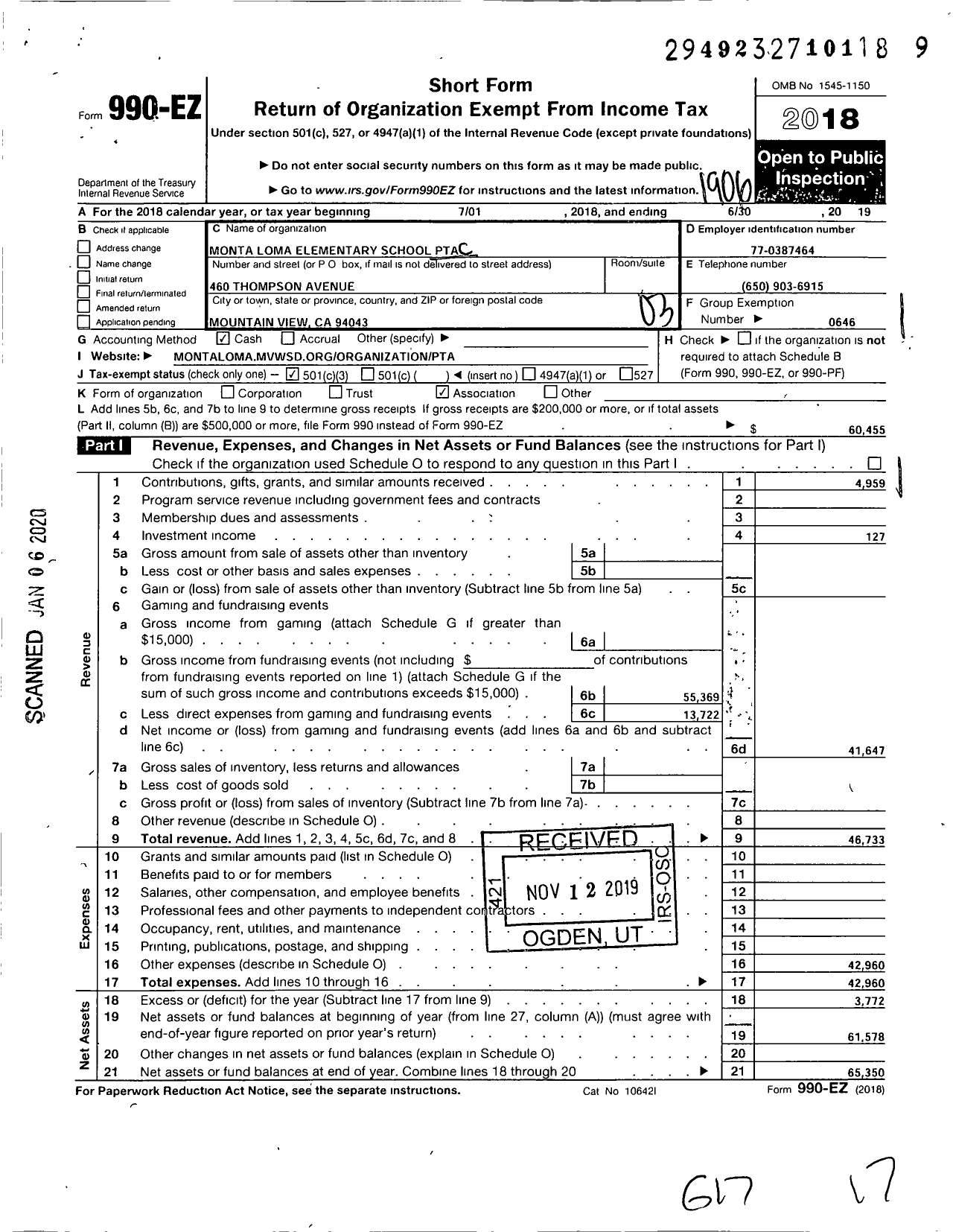 Image of first page of 2018 Form 990EZ for California State PTA - Monta Loma Elementary PTA