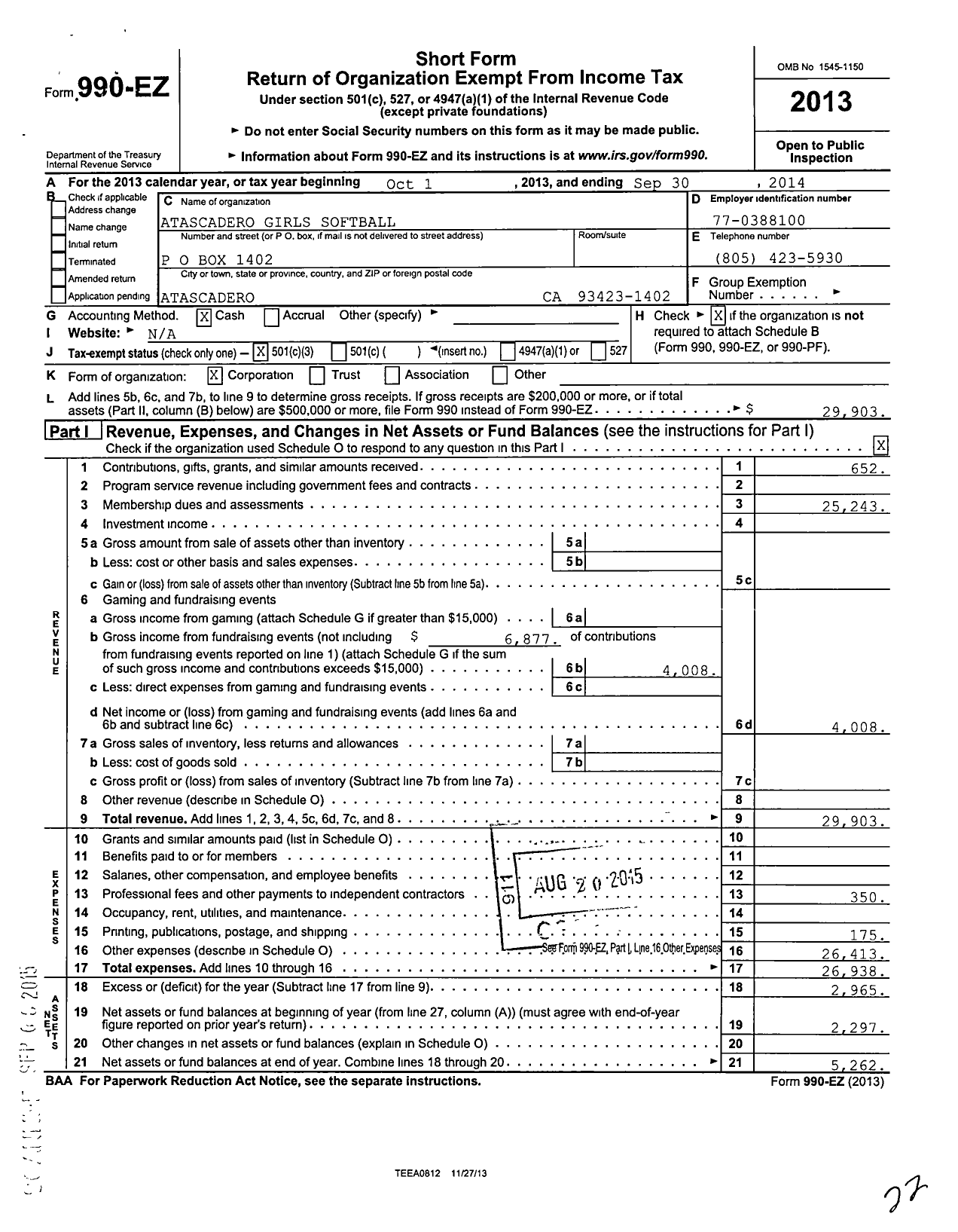 Image of first page of 2013 Form 990EZ for Atascadero Girls Softball