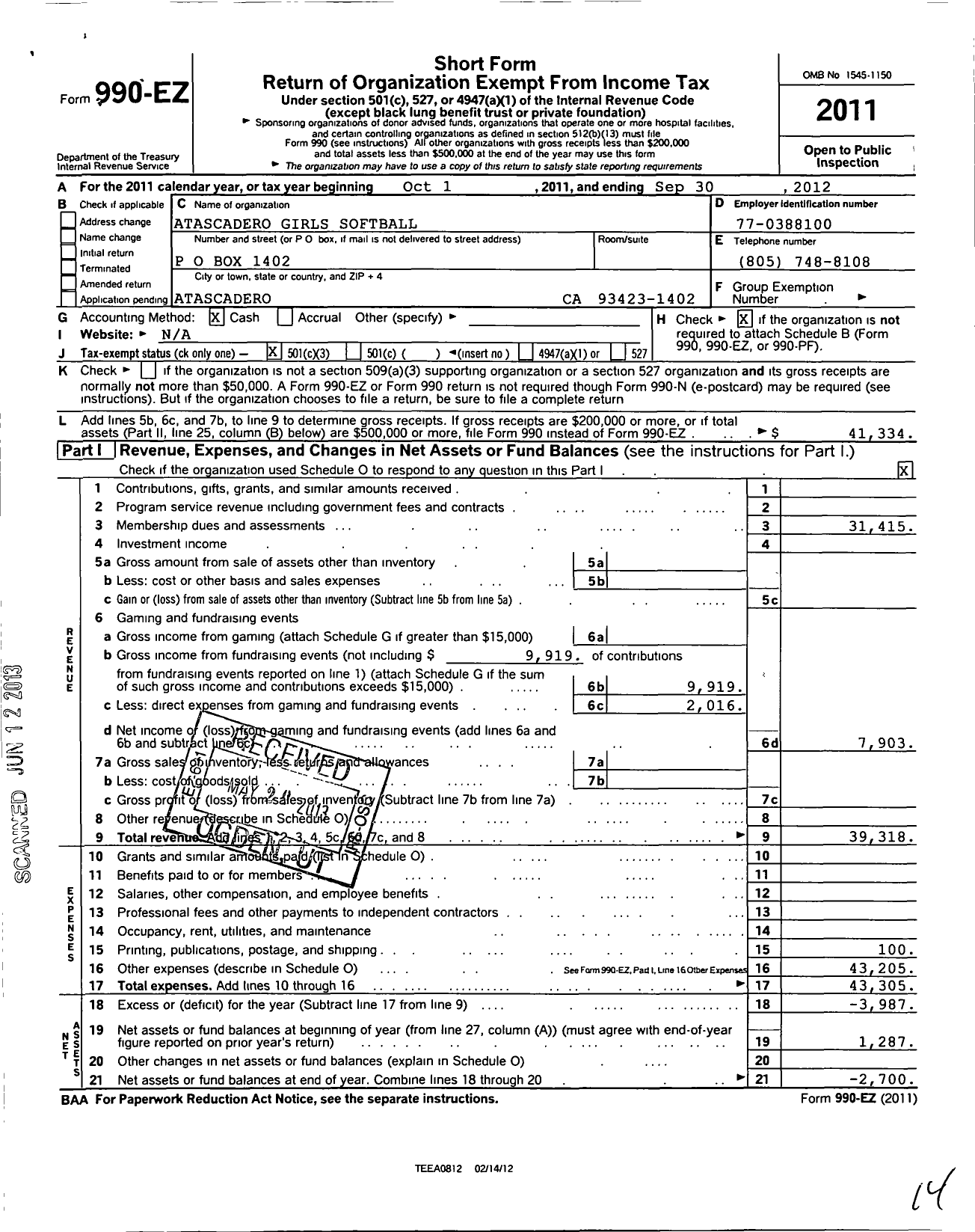 Image of first page of 2011 Form 990EZ for Atascadero Girls Softball