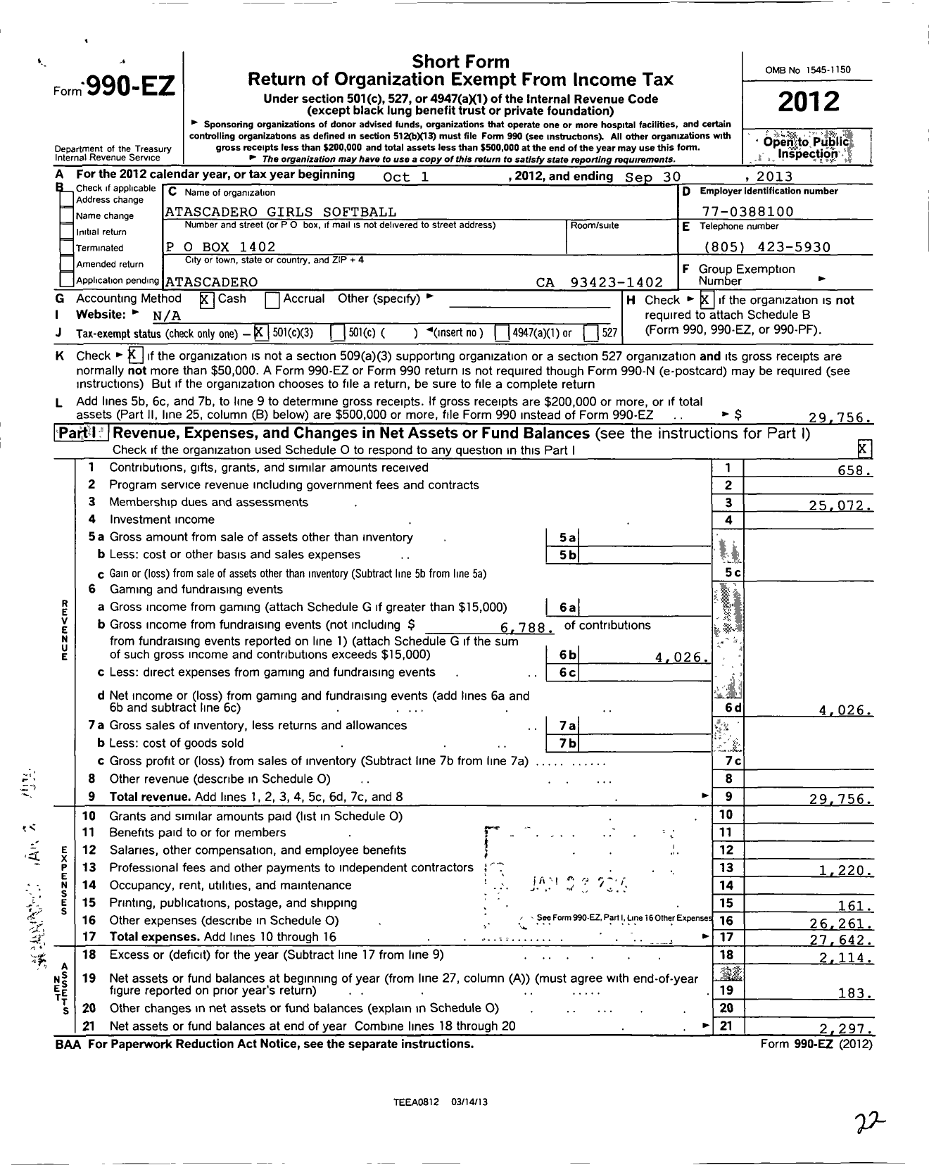 Image of first page of 2012 Form 990EZ for Atascadero Girls Softball