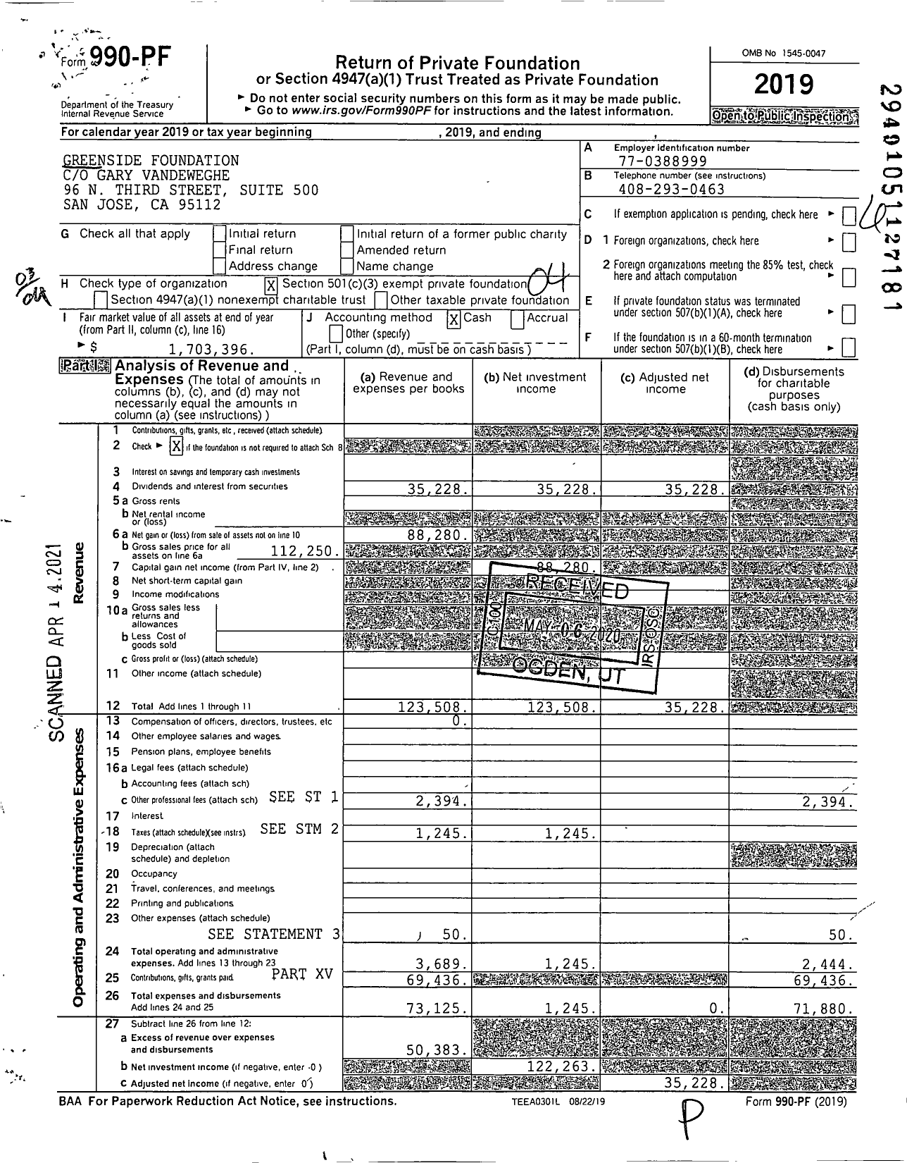 Image of first page of 2019 Form 990PF for Greenside Foundation