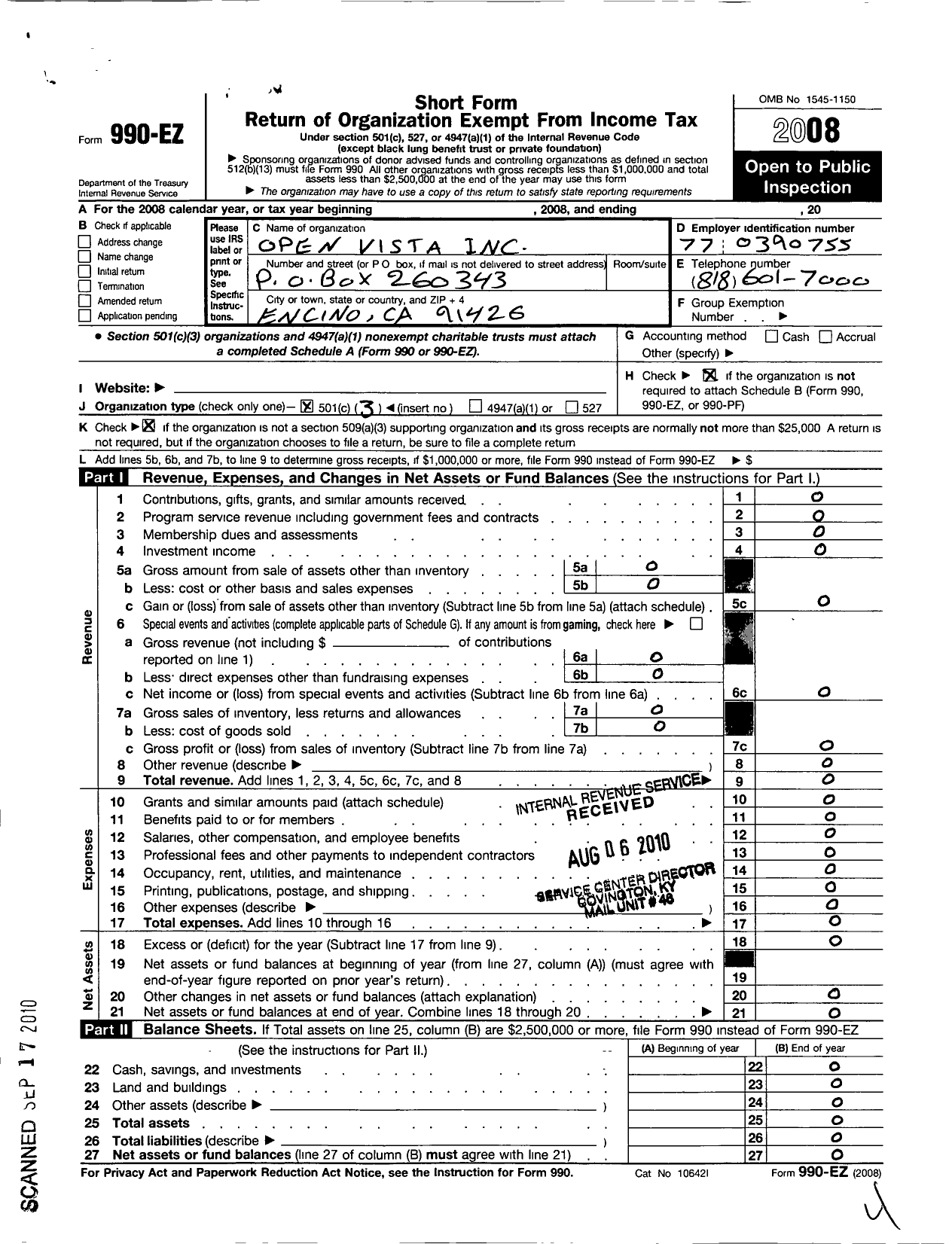 Image of first page of 2008 Form 990EZ for Journey of Hope