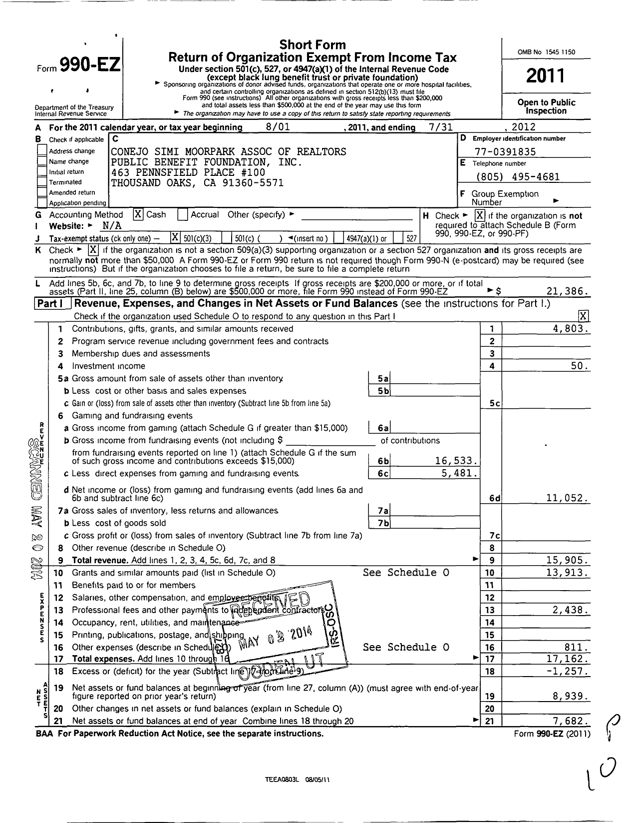 Image of first page of 2011 Form 990EZ for Conejo Valley Association of Realtors Public Benefit