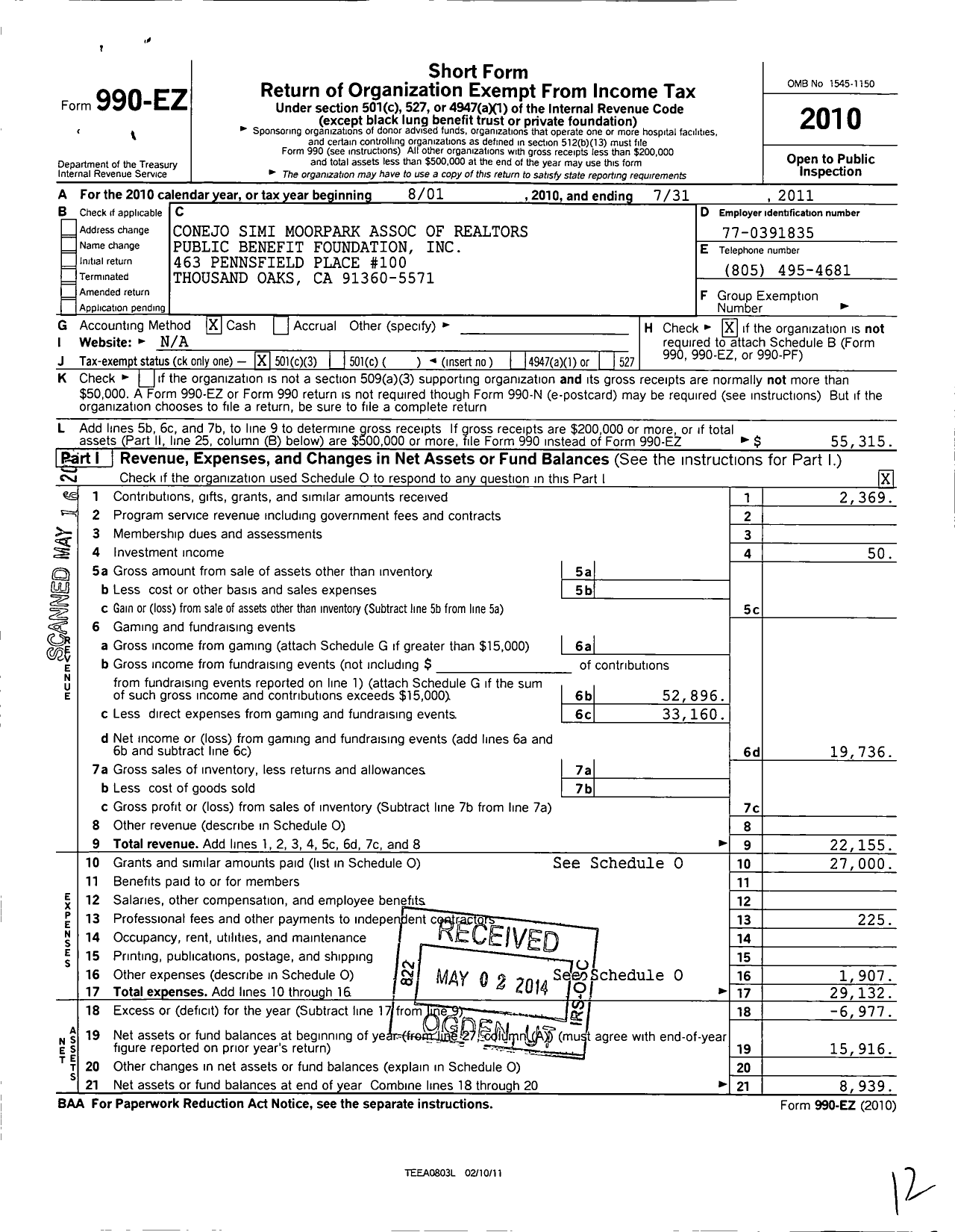 Image of first page of 2010 Form 990EZ for Conejo Valley Association of Realtors Public Benefit