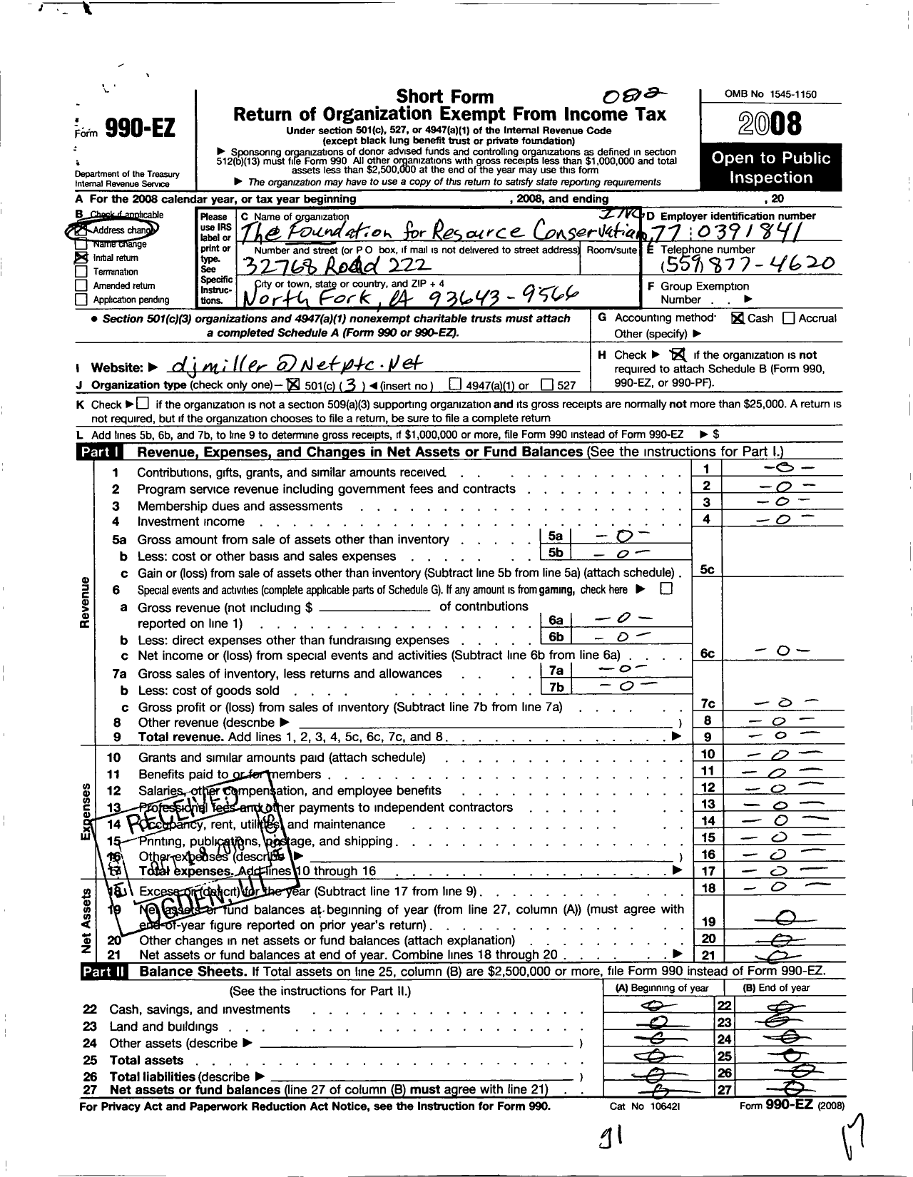 Image of first page of 2008 Form 990EZ for Foundation for Resource Conservation