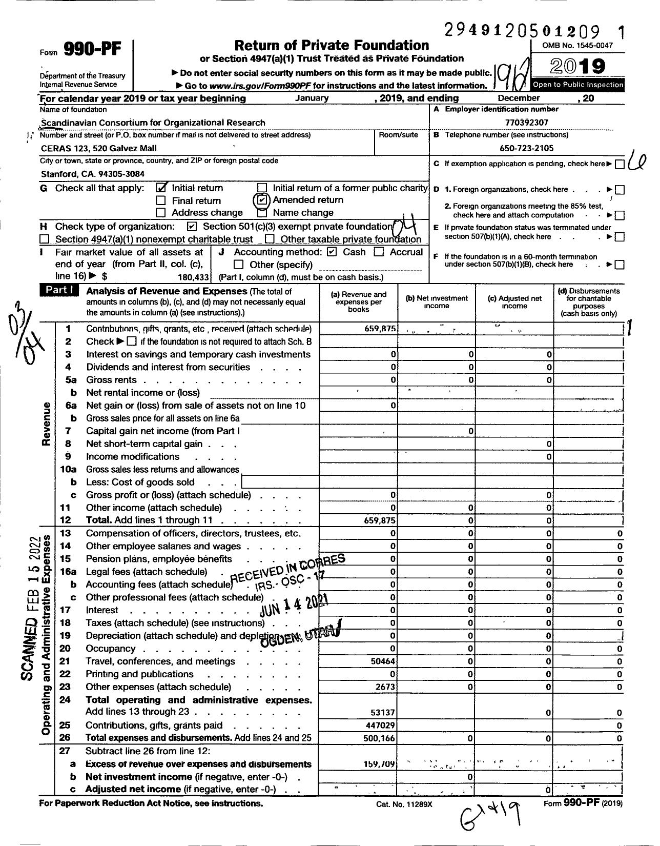 Image of first page of 2019 Form 990PF for Scandanavian Consortium for Organizational Research
