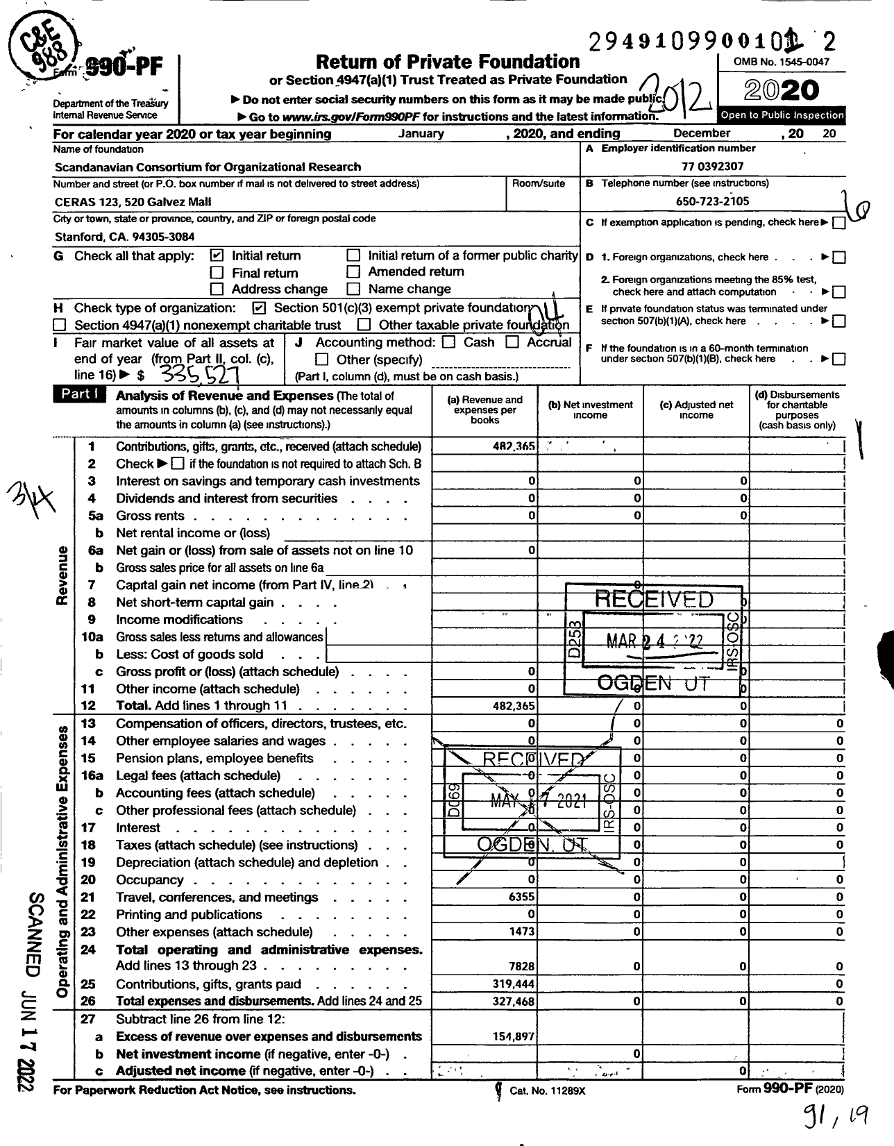 Image of first page of 2020 Form 990PF for Scandanavian Consortium for Organizational Research