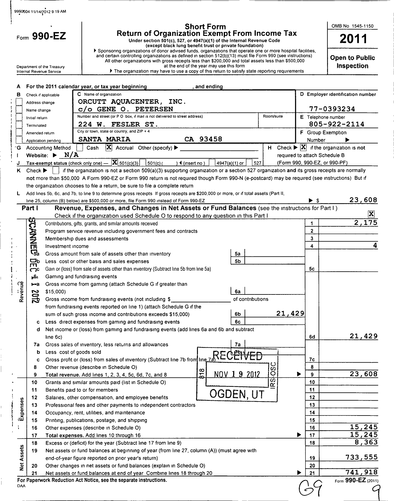 Image of first page of 2011 Form 990EZ for Orcutt Aquacenter