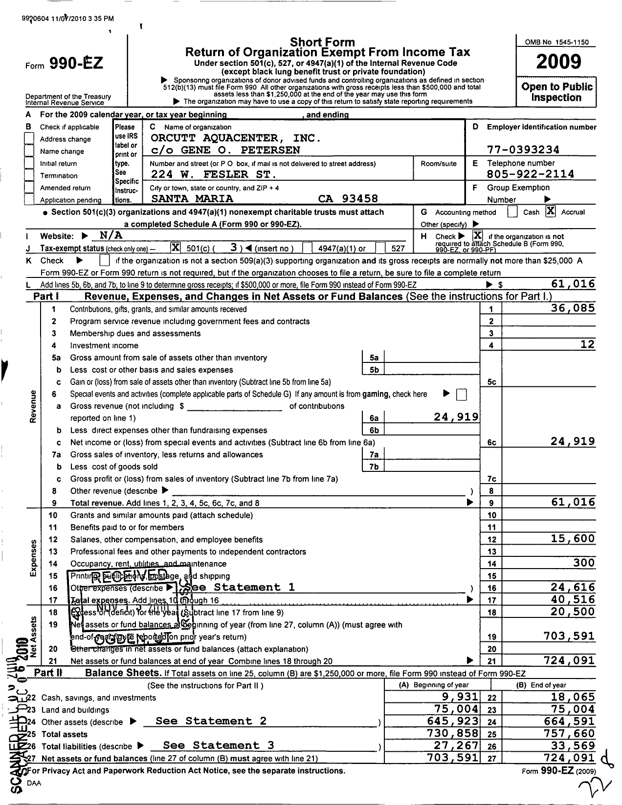 Image of first page of 2009 Form 990EZ for Orcutt Aquacenter