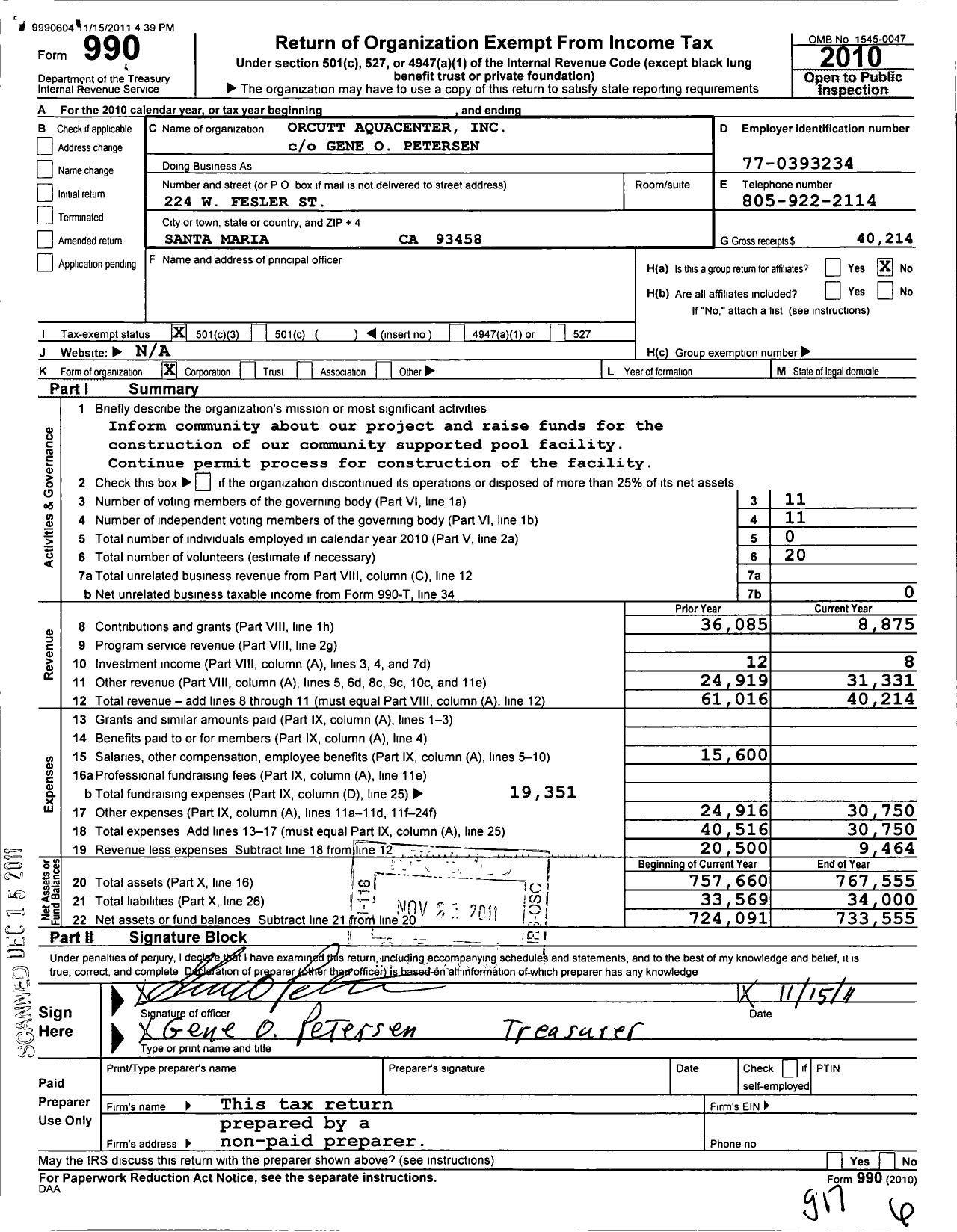 Image of first page of 2010 Form 990 for Orcutt Aquacenter