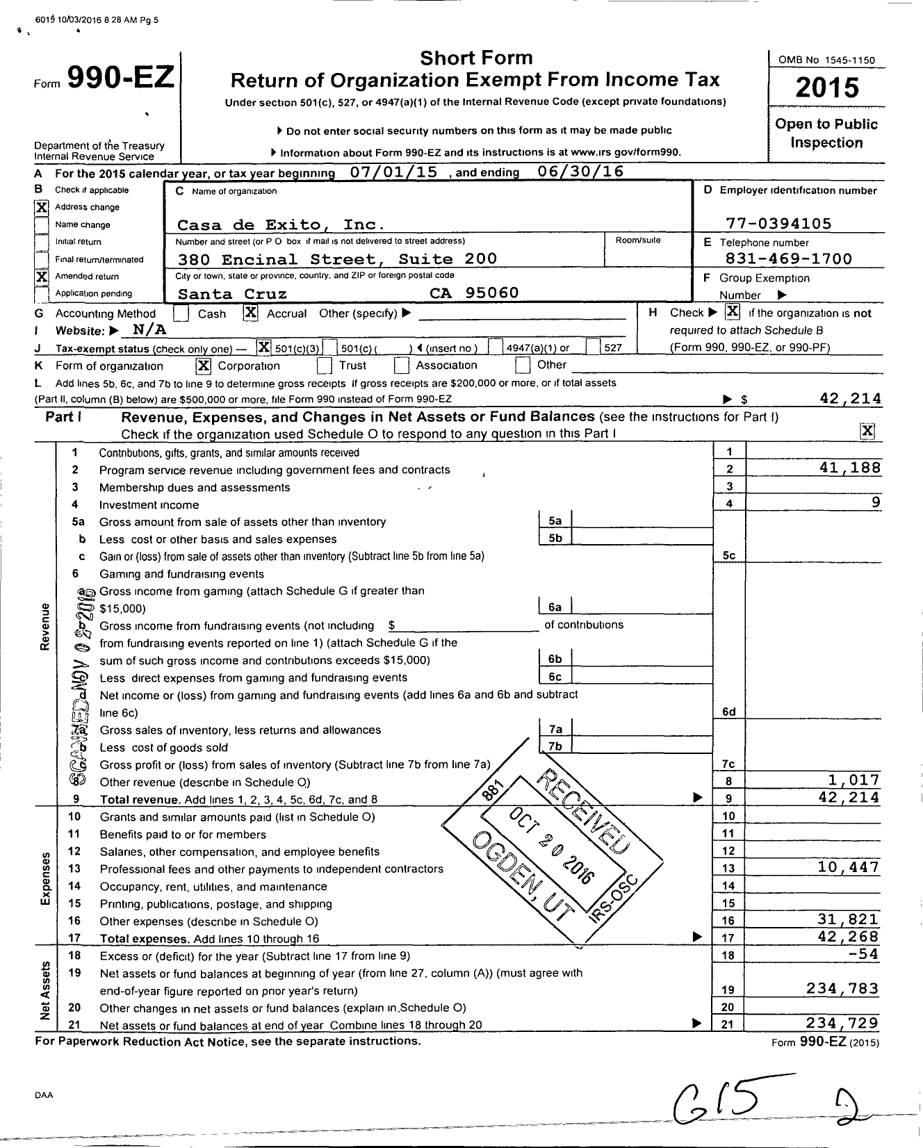 Image of first page of 2015 Form 990EZ for Casa de Exito