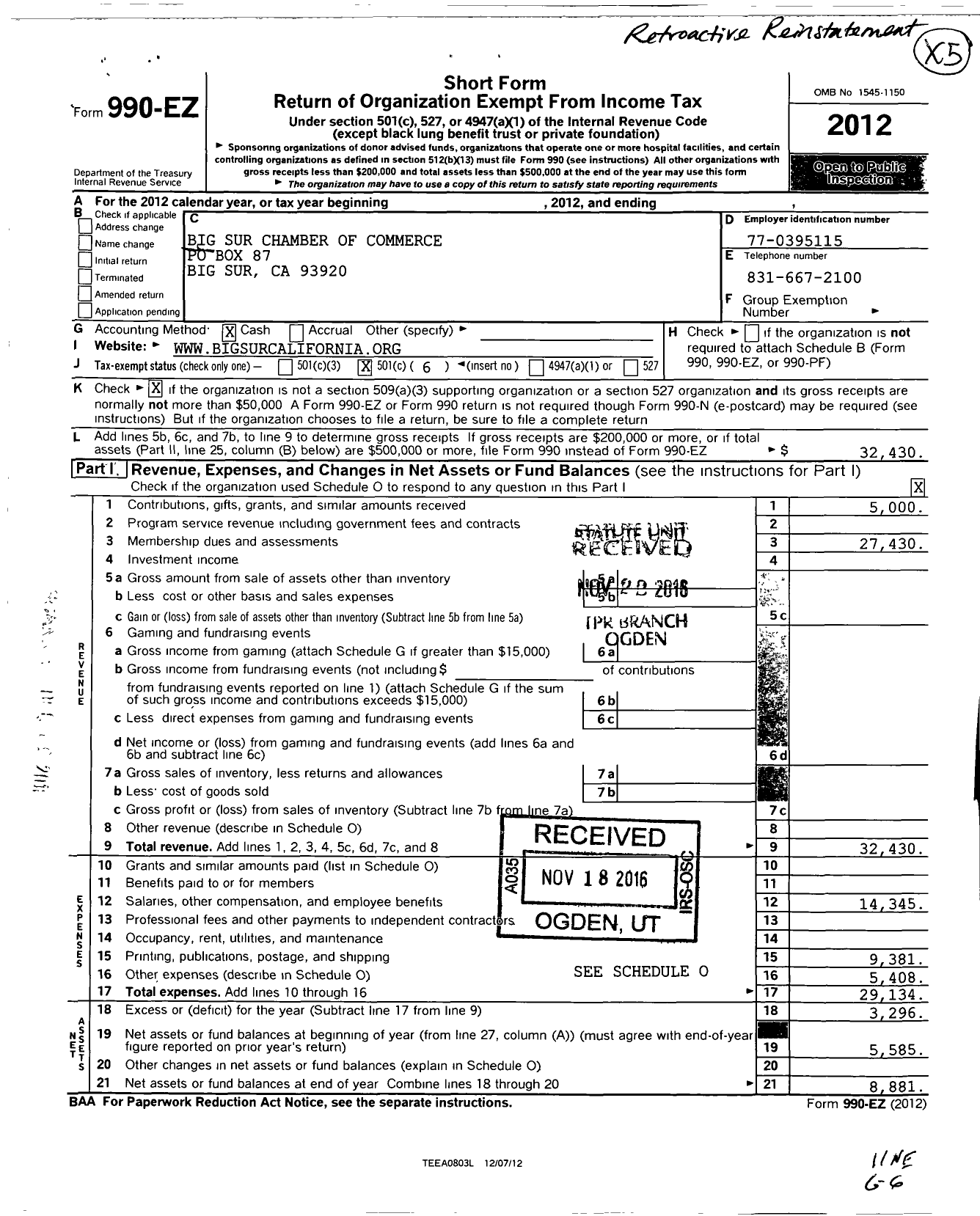 Image of first page of 2012 Form 990EO for Big Sur Chamber of Commerce