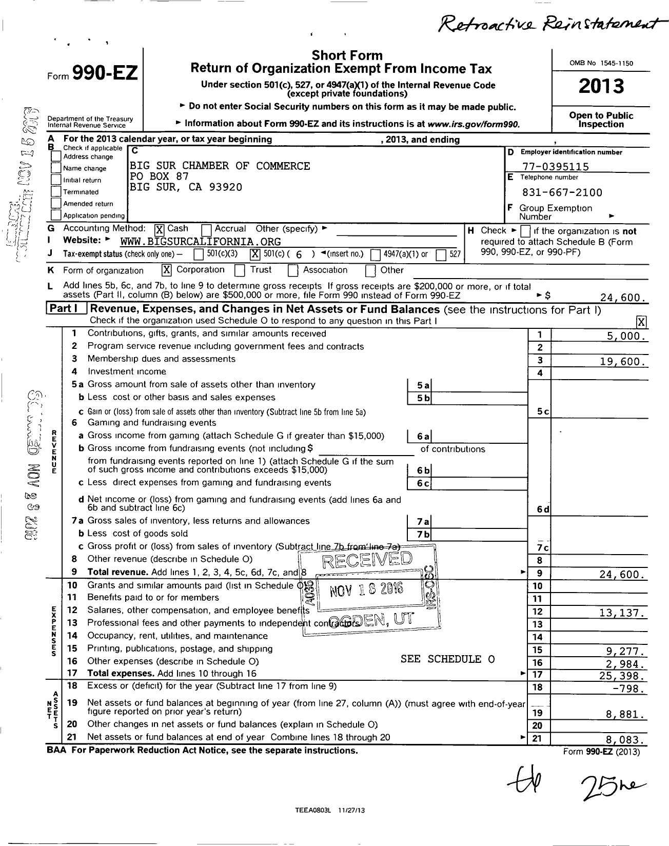 Image of first page of 2013 Form 990EO for Big Sur Chamber of Commerce