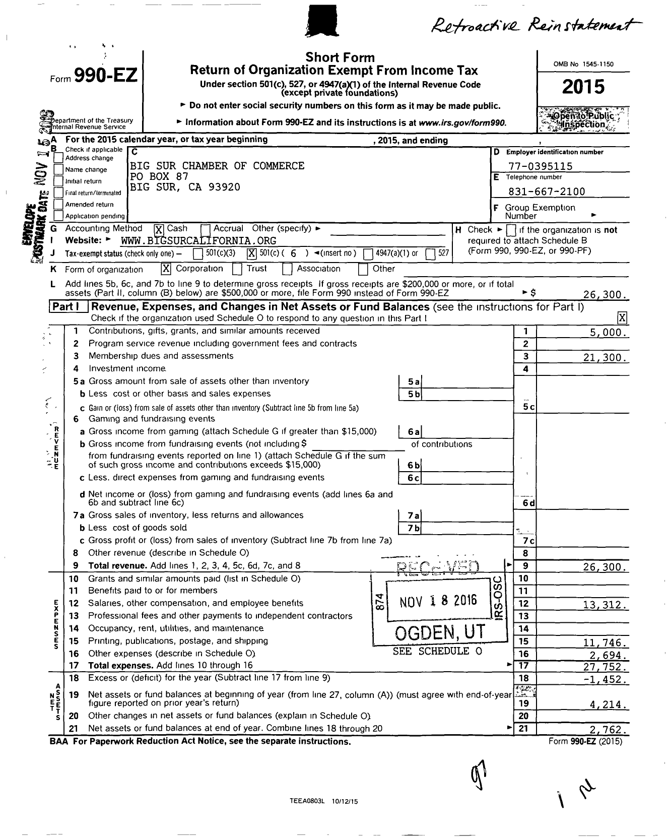 Image of first page of 2015 Form 990EO for Big Sur Chamber of Commerce