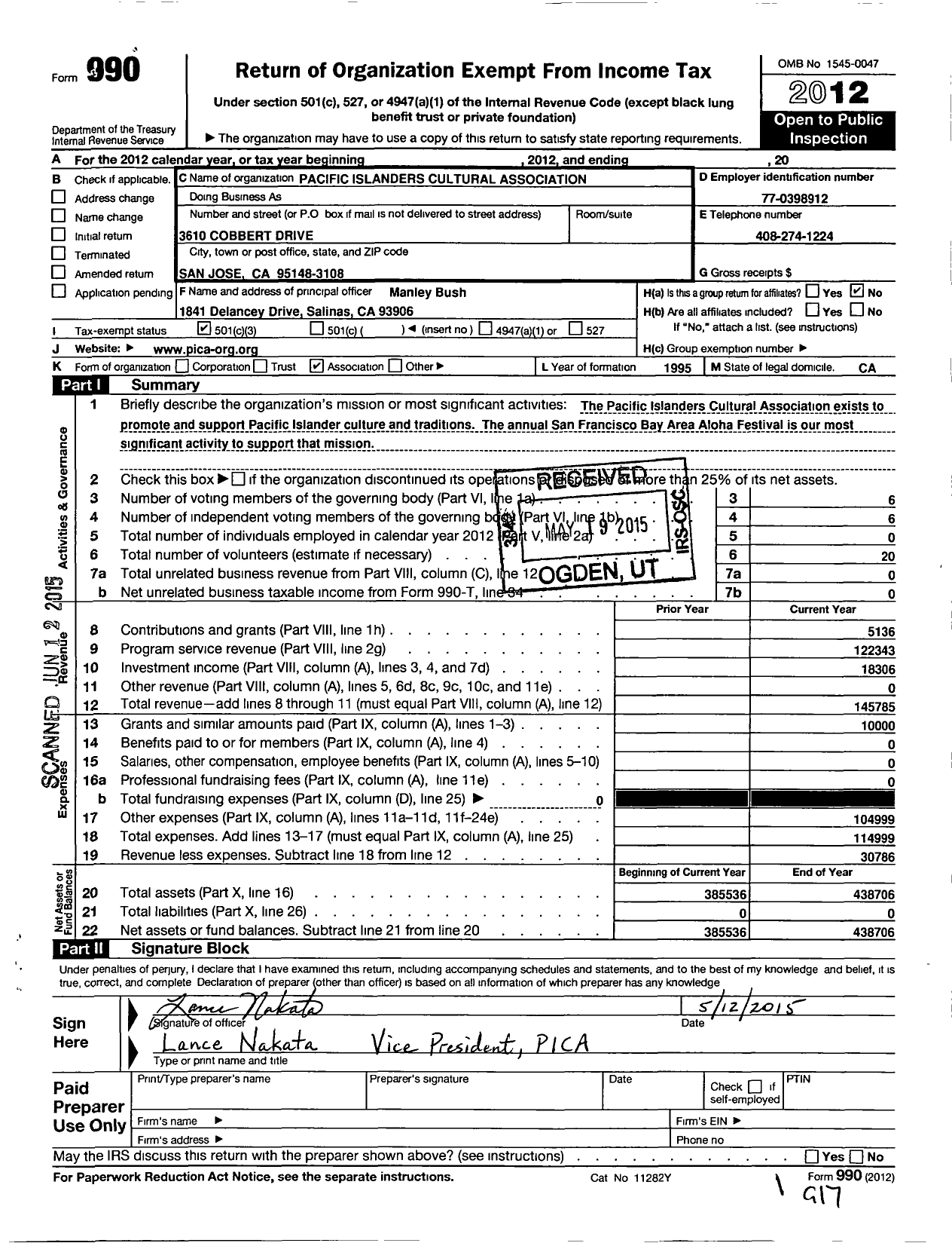 Image of first page of 2012 Form 990 for Pacific Islanders Cultural Association