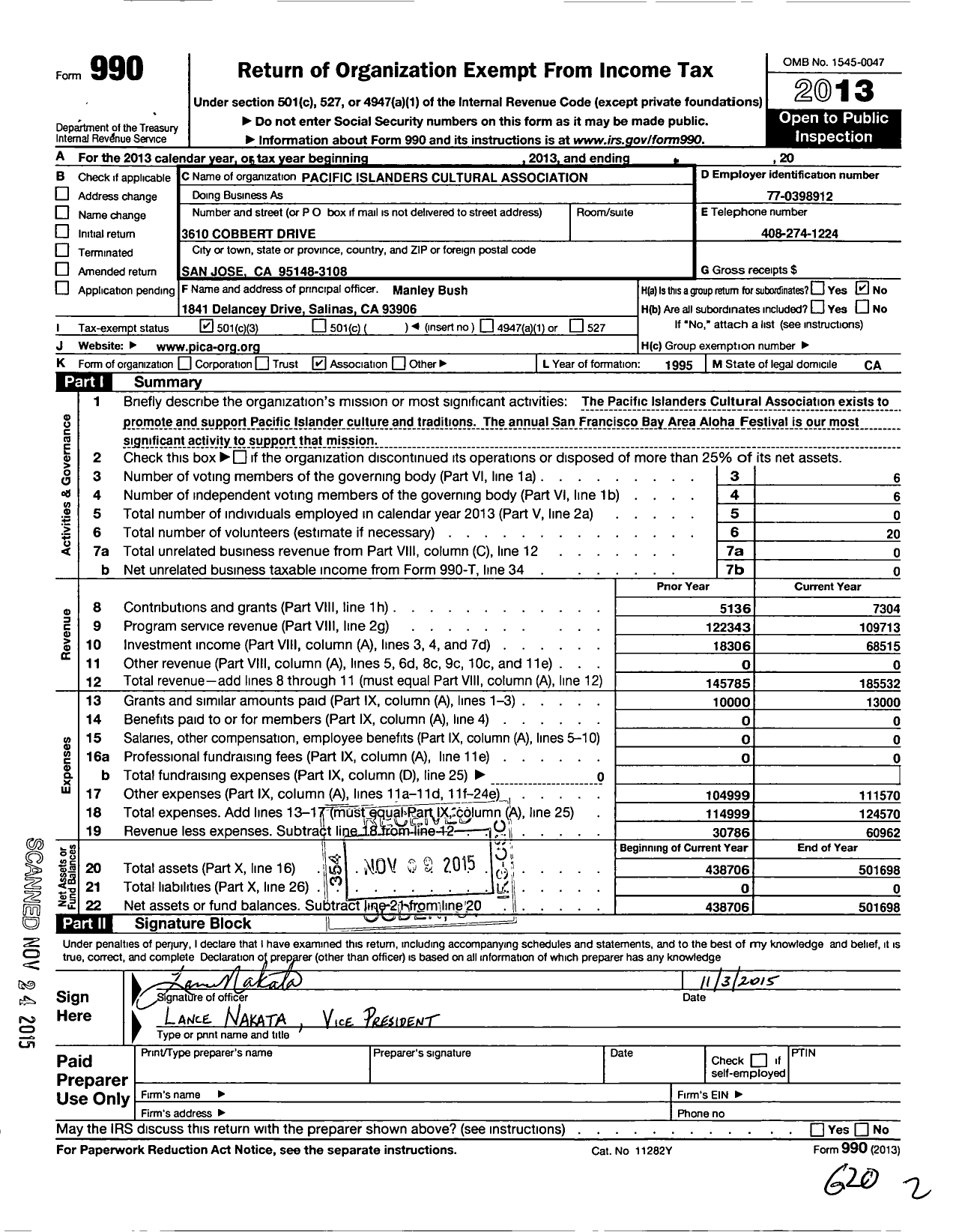 Image of first page of 2013 Form 990 for Pacific Islanders Cultural Association