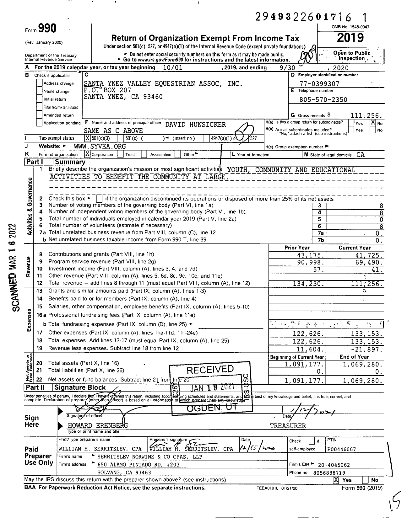 Image of first page of 2019 Form 990 for Santa Ynez Valley Equestrian Association