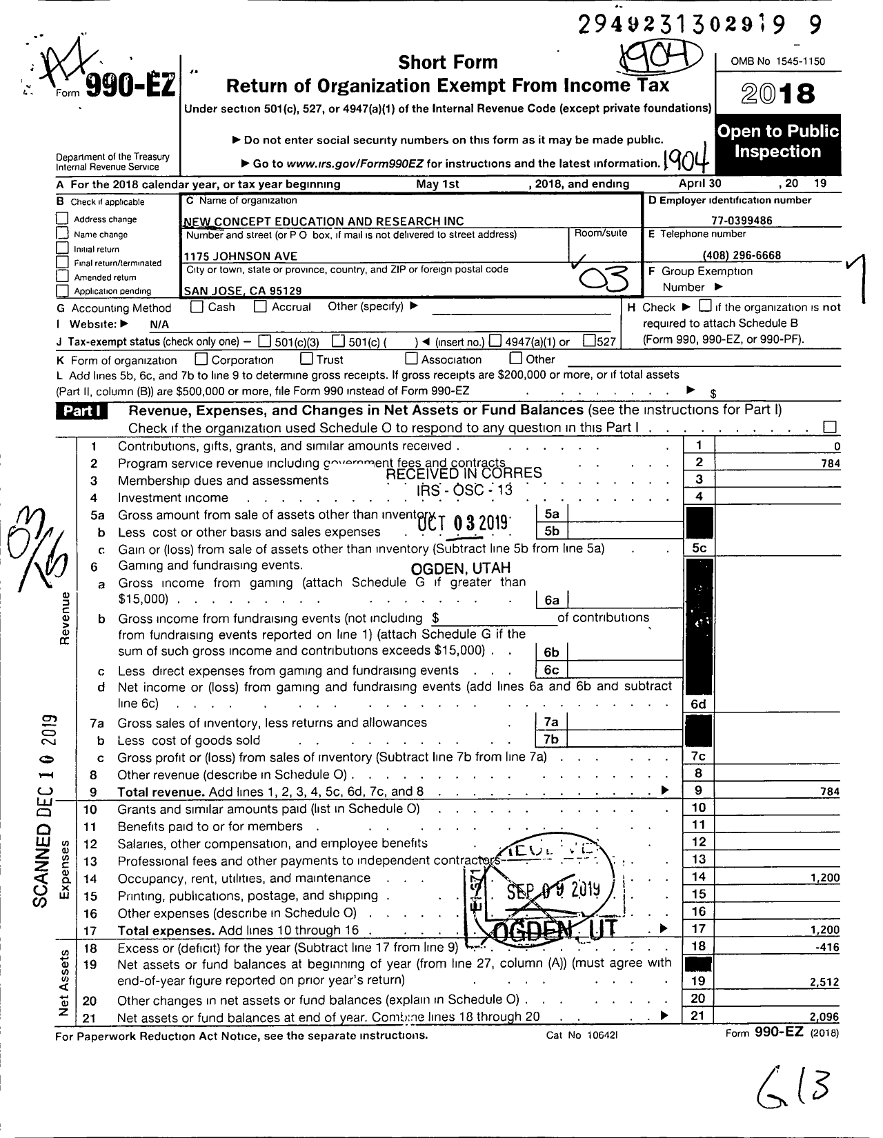 Image of first page of 2018 Form 990EZ for New Concepts Education and Research