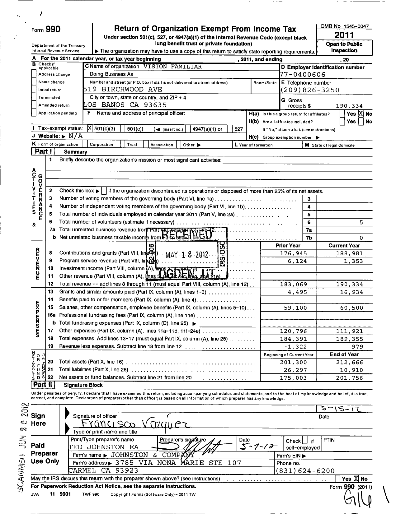 Image of first page of 2011 Form 990 for Vision Familiar