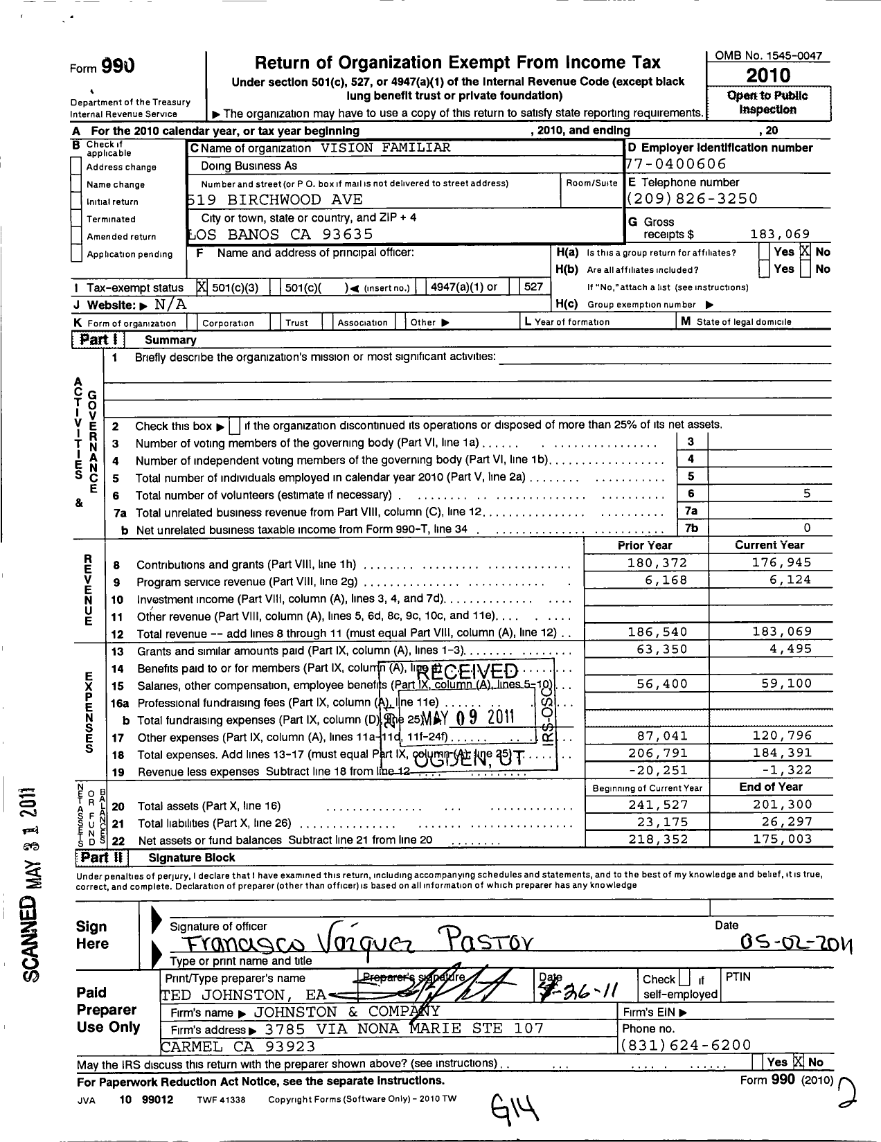 Image of first page of 2010 Form 990 for Vision Familiar