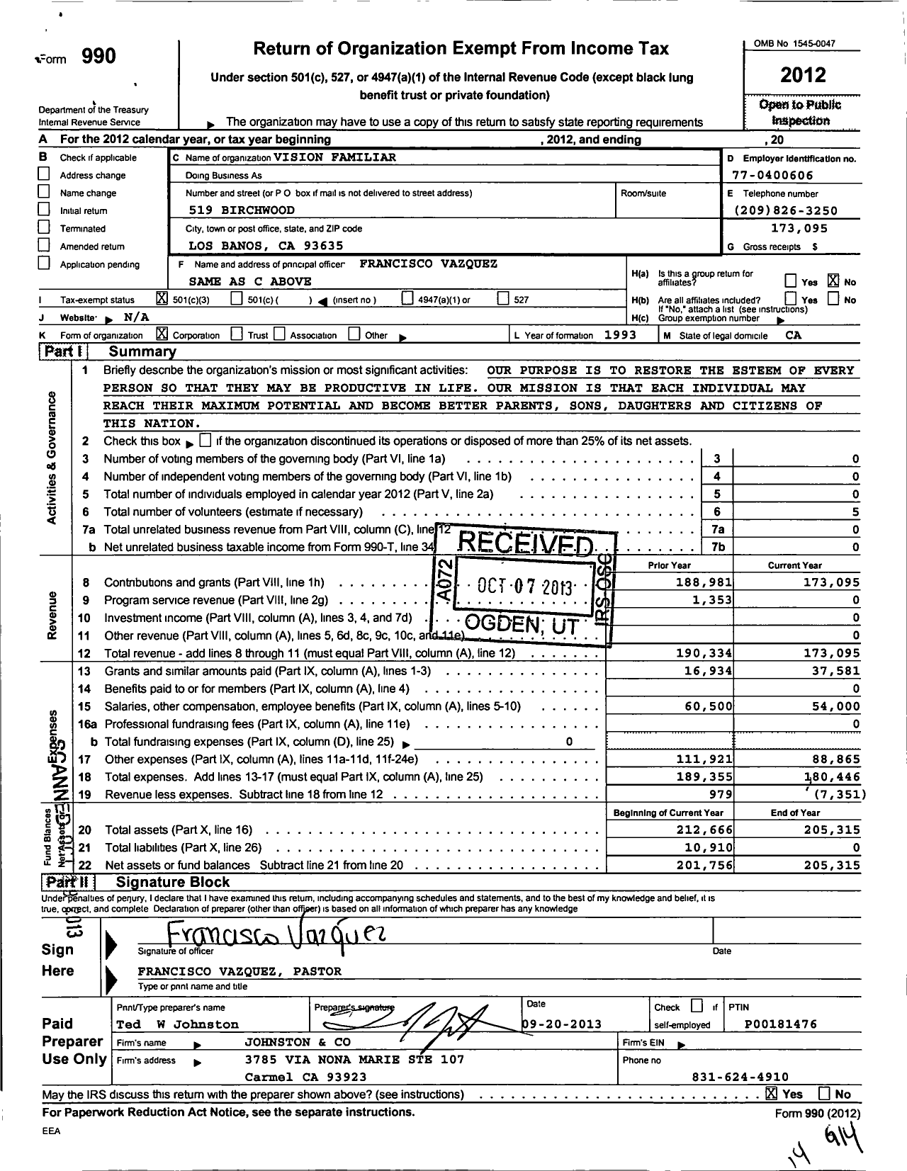 Image of first page of 2012 Form 990 for Vision Familiar