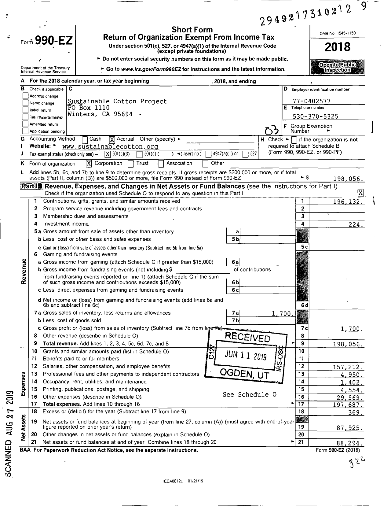 Image of first page of 2018 Form 990EZ for Sustainable Cotton Project