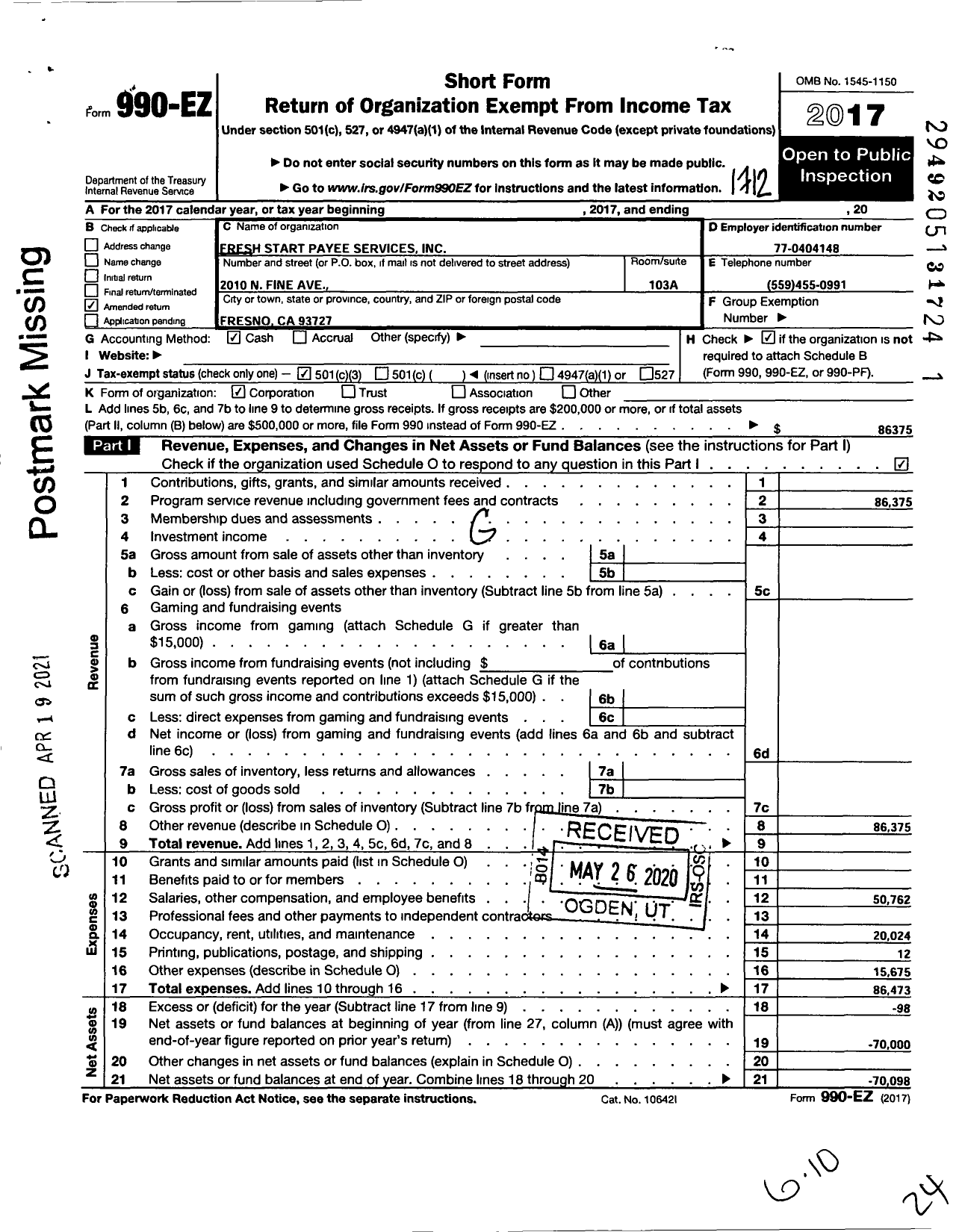 Image of first page of 2017 Form 990EZ for Fresh Start Services Corporation