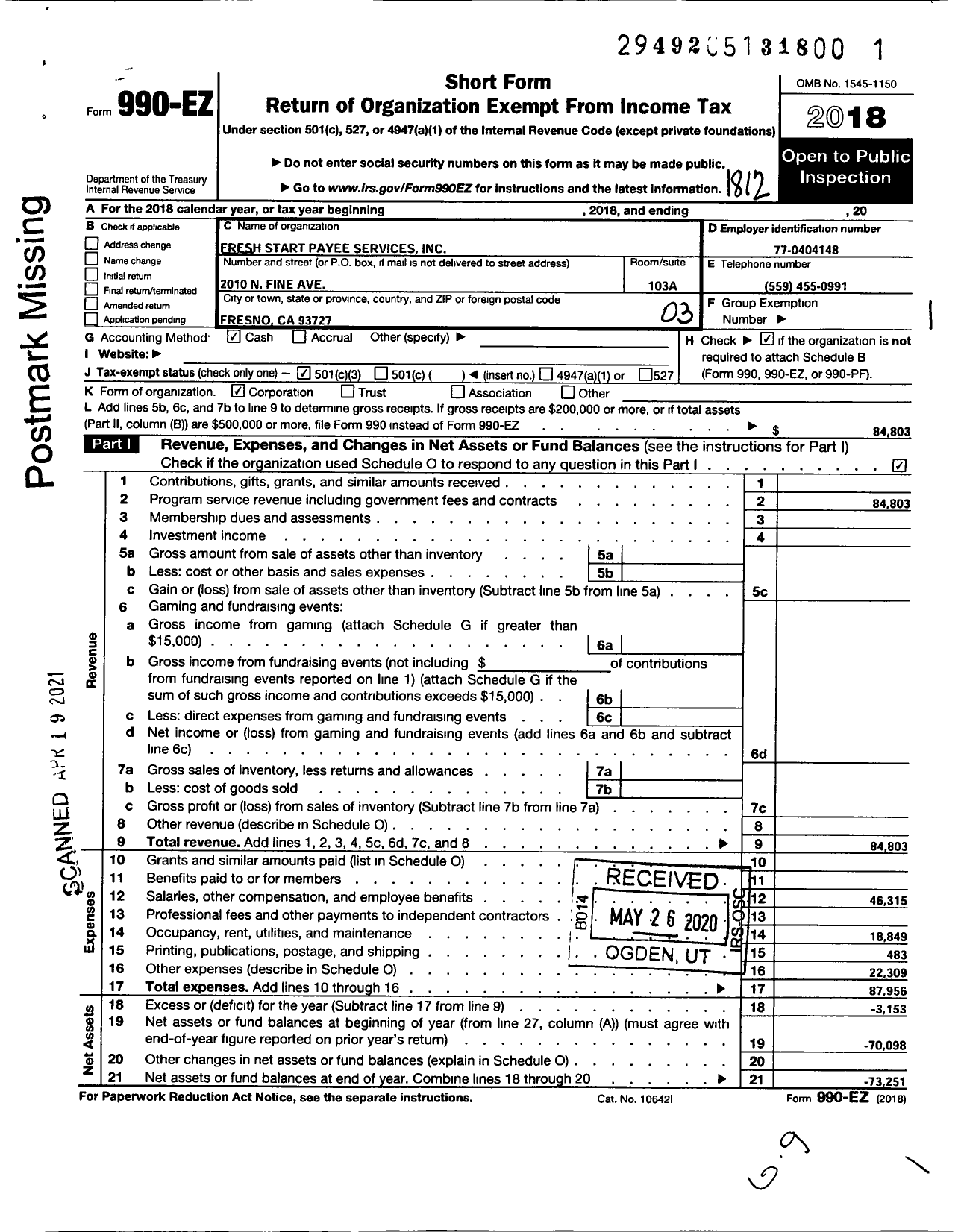 Image of first page of 2018 Form 990EZ for Fresh Start Services Corporation