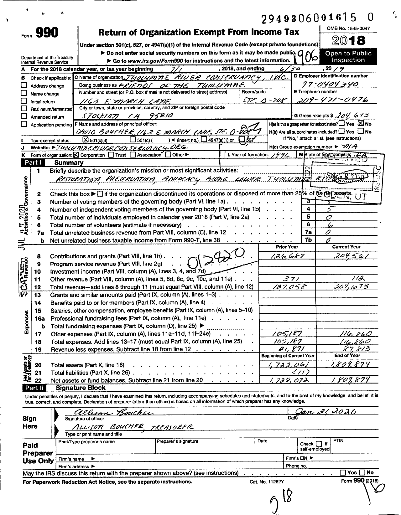 Image of first page of 2018 Form 990 for Friends of the Tuolumne