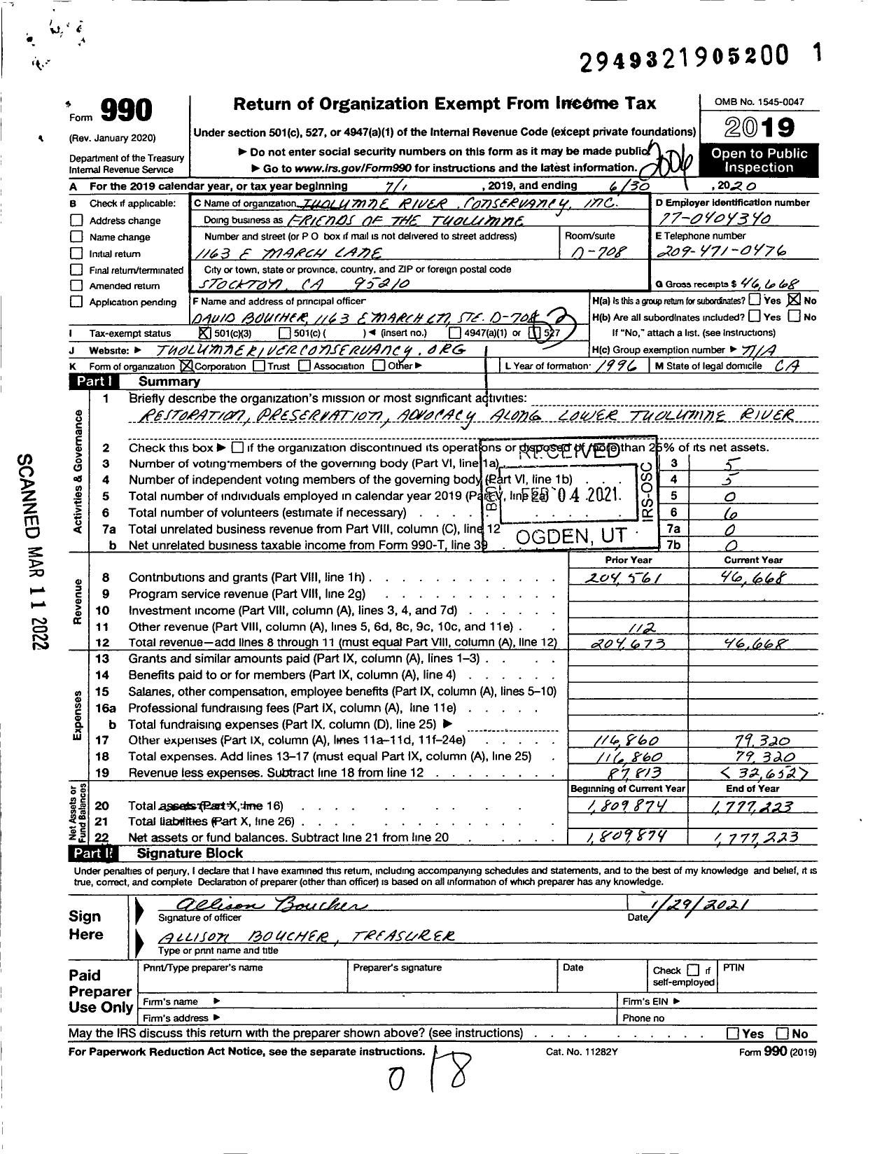 Image of first page of 2019 Form 990 for Friends of the Tuolumne