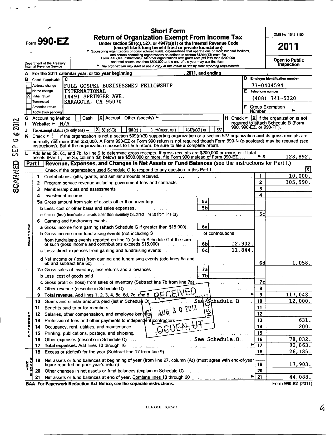 Image of first page of 2011 Form 990EZ for Full Gospel Businessmens Fellowship International - 2541 San Francisco Bay Chinese