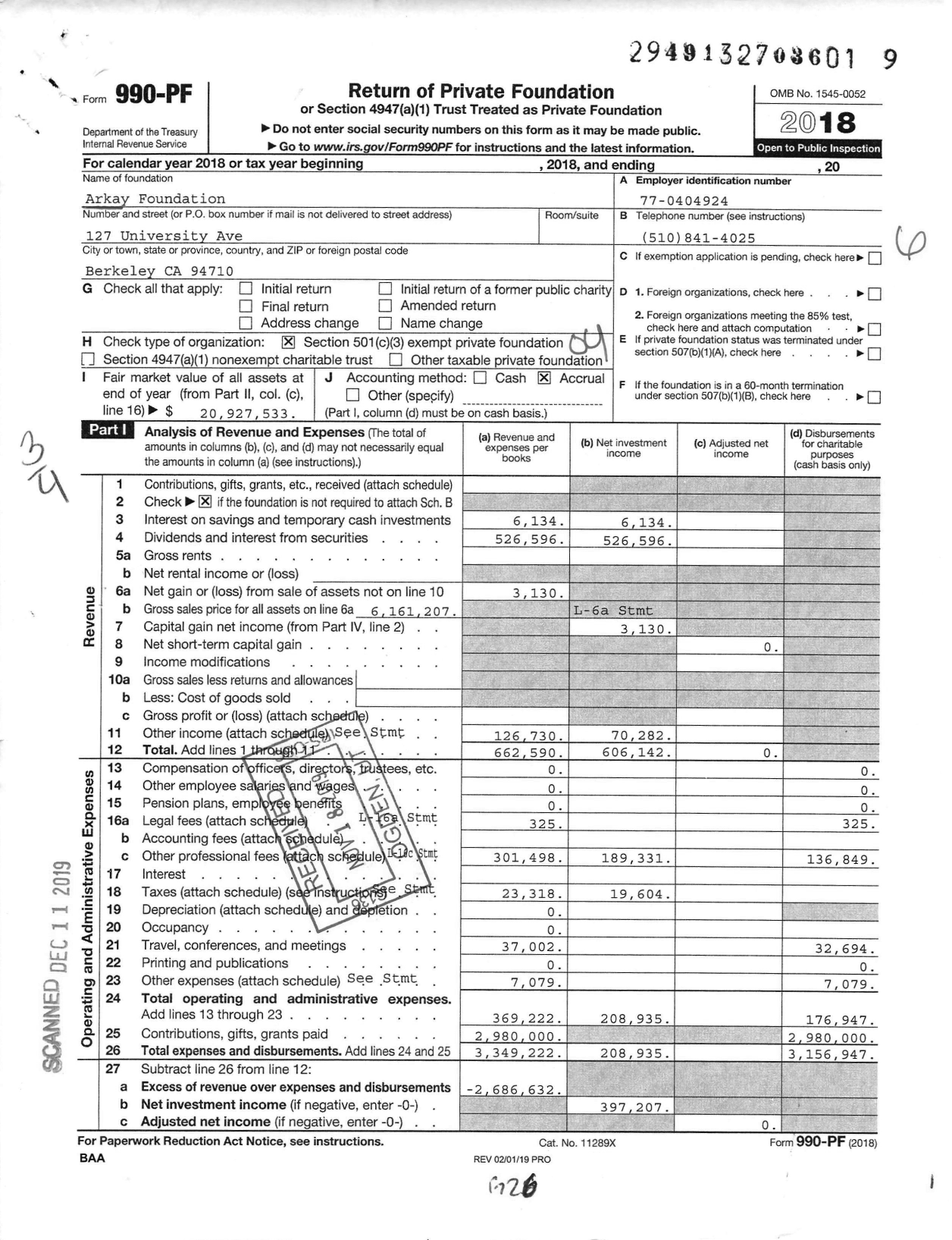 Image of first page of 2018 Form 990PF for Arkay Foundation