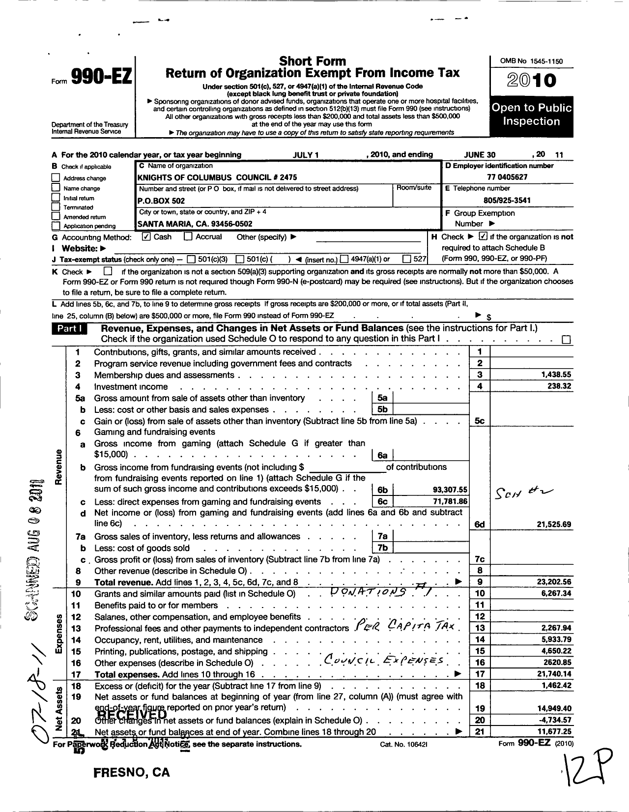 Image of first page of 2010 Form 990EO for Knights of Columbus - 2475 Santa Maria Council