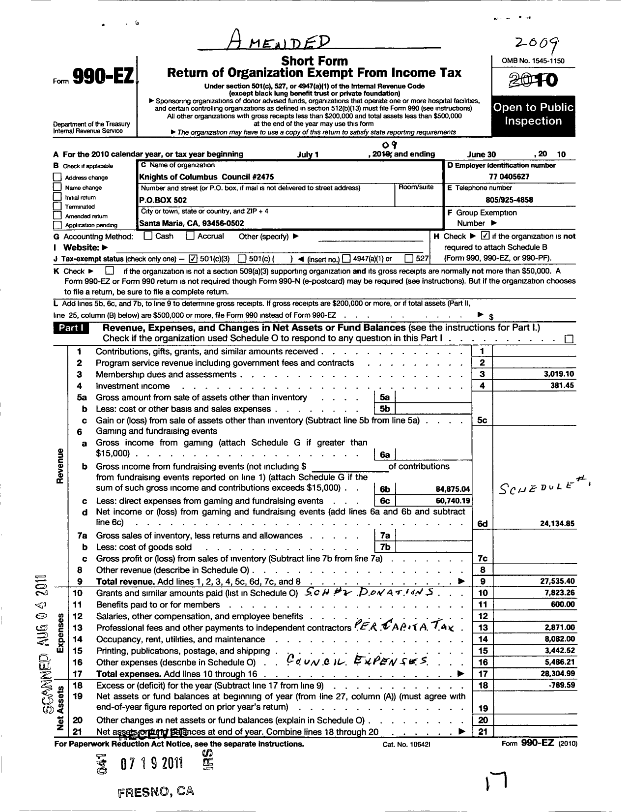 Image of first page of 2009 Form 990EZ for Knights of Columbus - 2475 Santa Maria Council