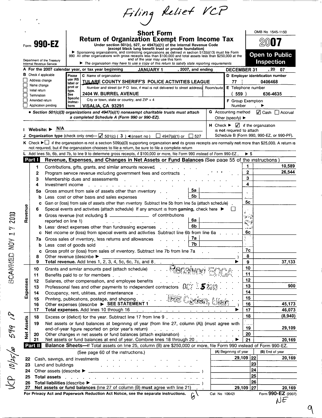 Image of first page of 2007 Form 990EZ for Tulare County Sheriffs Police Activities League