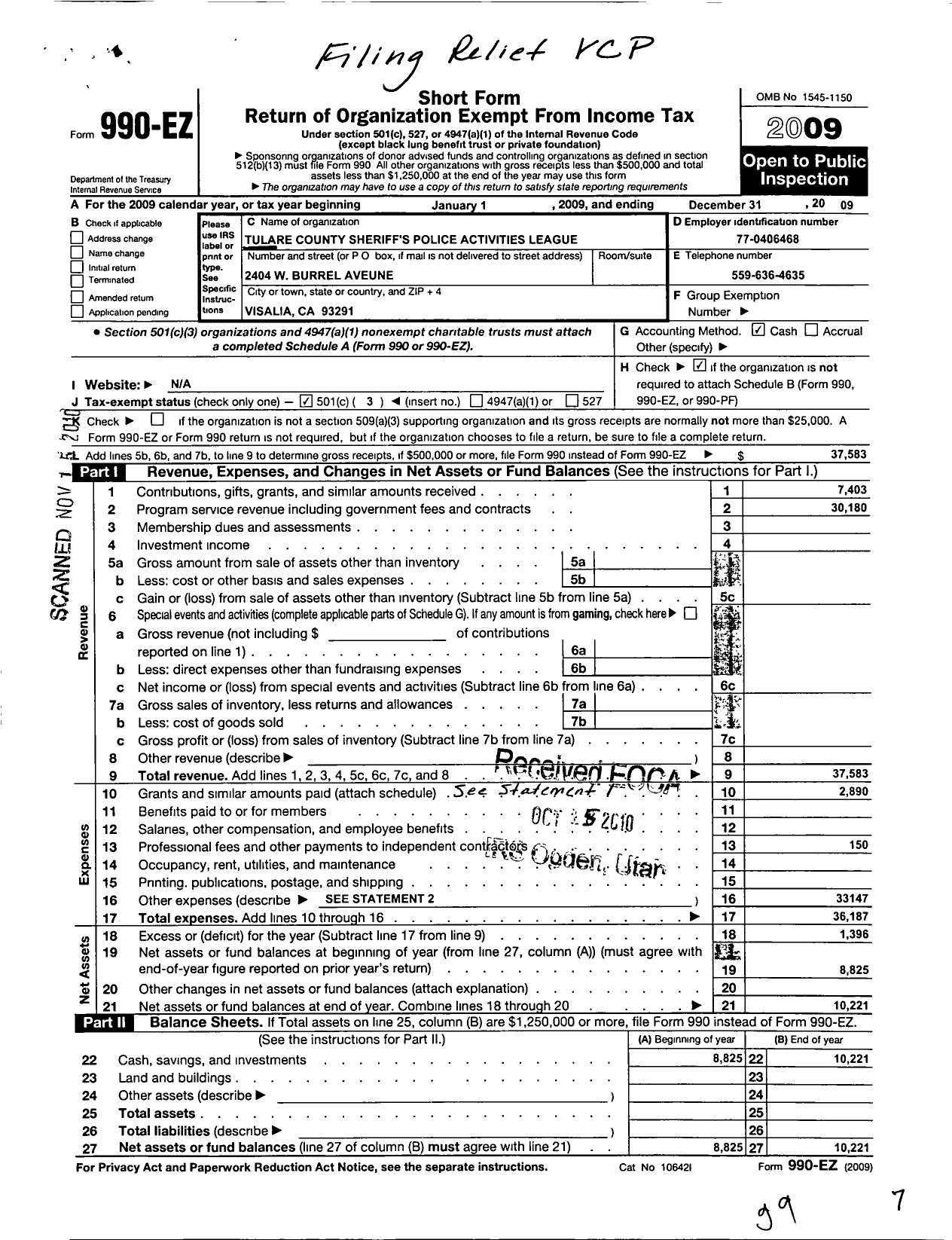 Image of first page of 2009 Form 990EZ for Tulare County Sheriffs Police Activities League