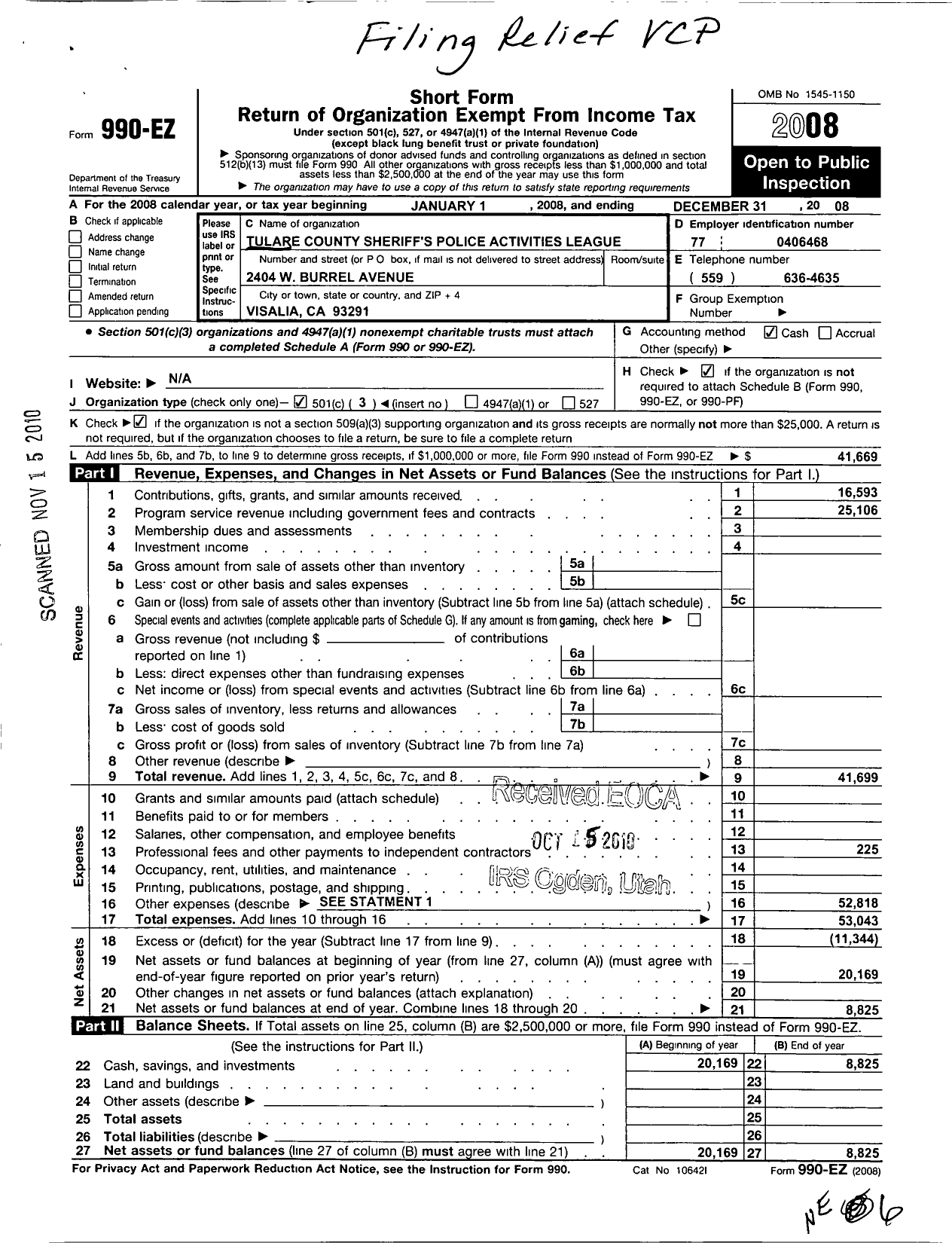 Image of first page of 2008 Form 990EZ for Tulare County Sheriffs Police Activities League