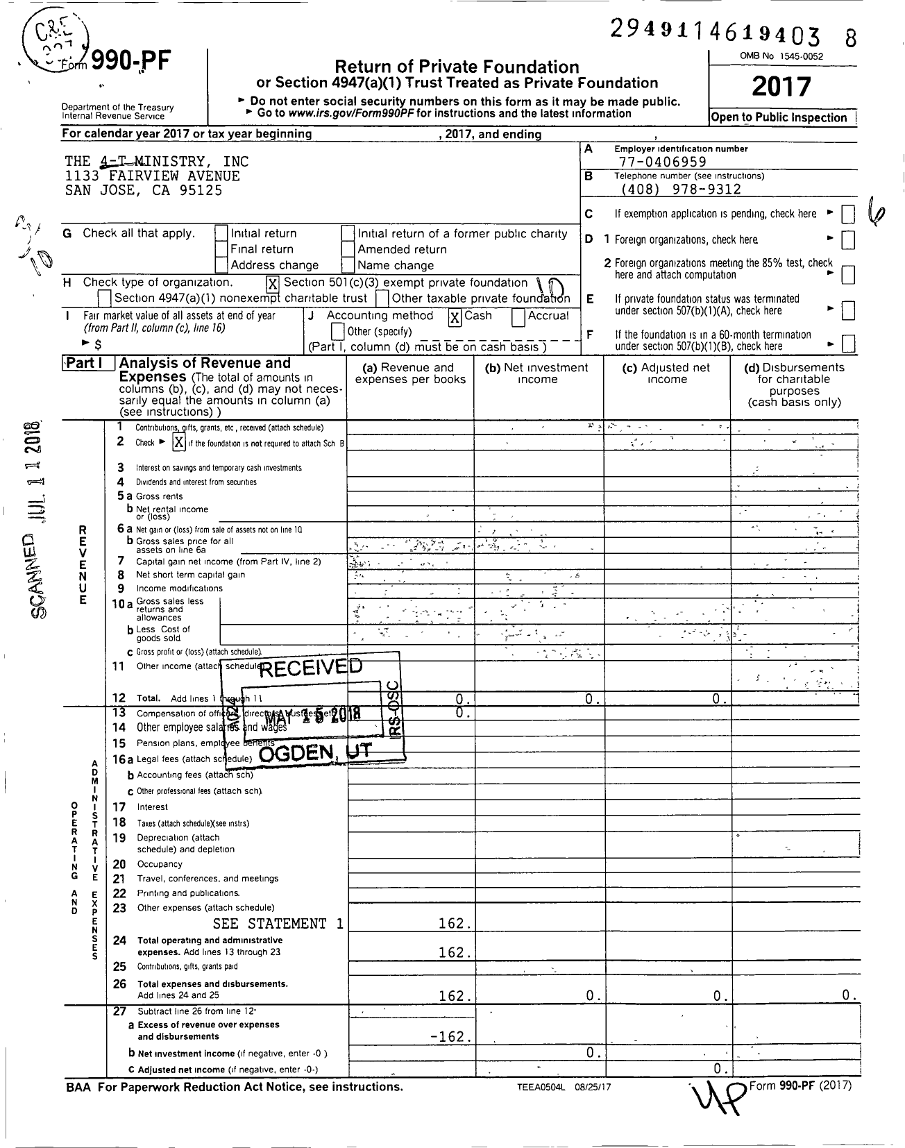 Image of first page of 2017 Form 990PF for The 4-t Ministry