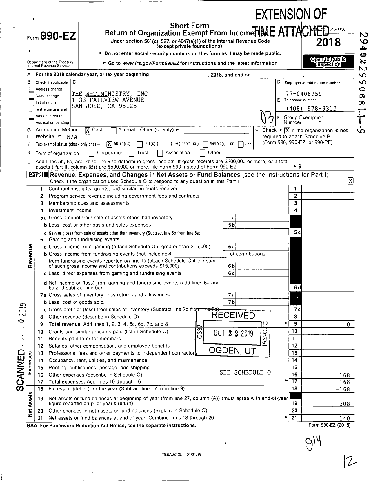 Image of first page of 2018 Form 990EZ for The 4-t Ministry