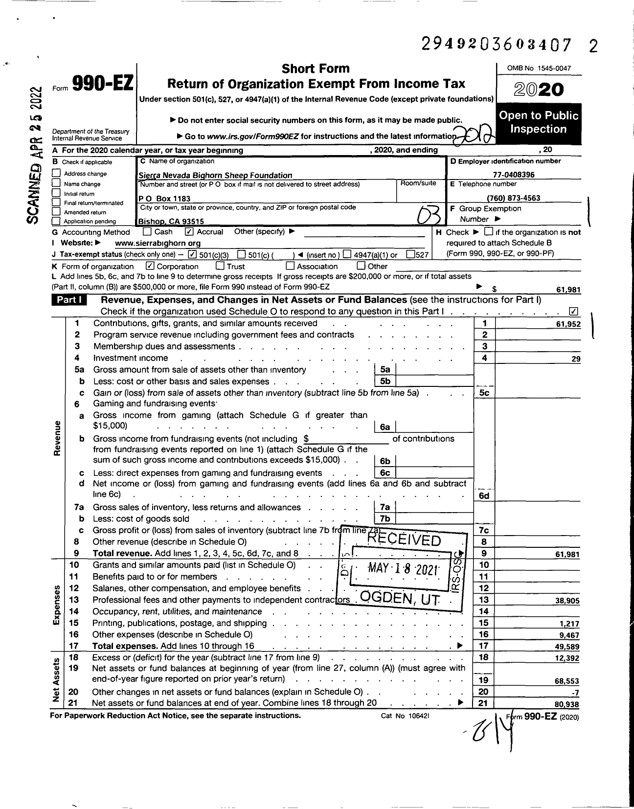 Image of first page of 2020 Form 990EZ for Sierra Nevada Bighorn Sheep Foundation